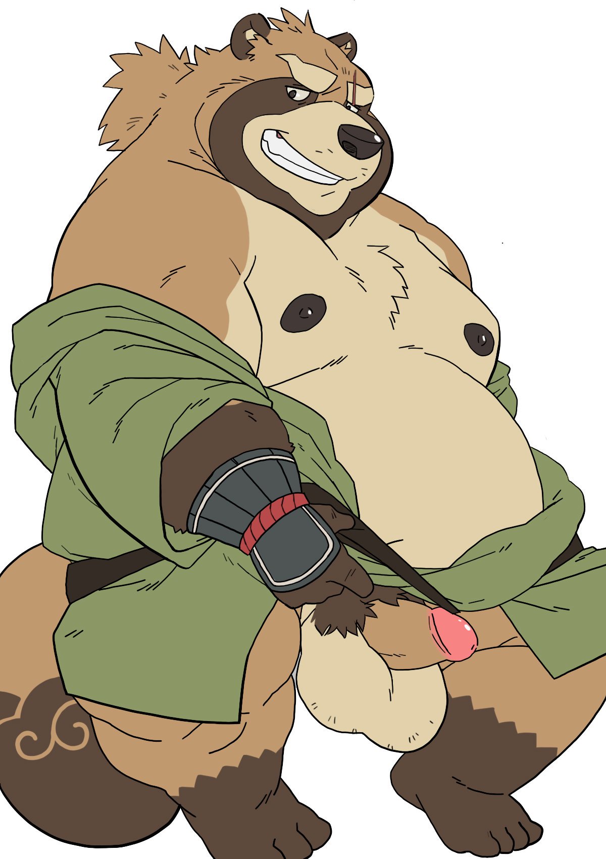 2019 anthro balls belly big_balls bluewhale127 brown_fur canid canine clothing fur gyobu hi_res humanoid_hands humanoid_penis male male_only mammal moobs nipples overweight overweight_male penis raccoon_dog robe scar simple_background solo tanuki teeth tokyo_afterschool_summoners undressing video_games white_background