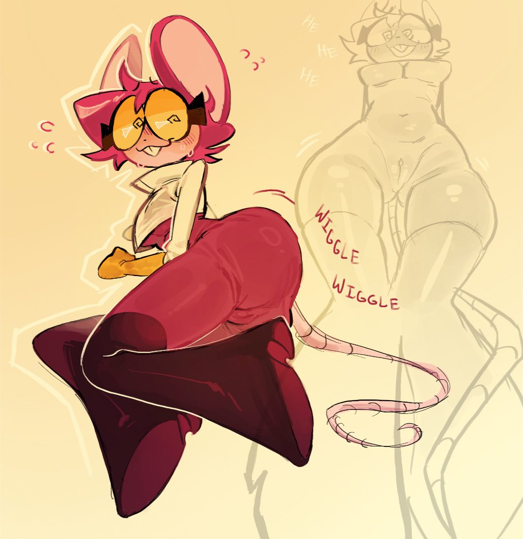 1girls, anthro, big boots, boots, bottom heavy, female focus, female only, furry, furry female, glasses, goommymuffin, kyomahub, mouse ears, mouse girl, mouse tail, muffin (goommymuffin), nervous, nervous face, nervous smile, nervous sweat, pink fur, pink hair, pussy juice, rat, rat ears, rat girl, rat tail, round glasses, short hair, shortstack, sweatdrop, swirly eyes, wiggle lines, wiggling ass, yellow background, yellow eyes
