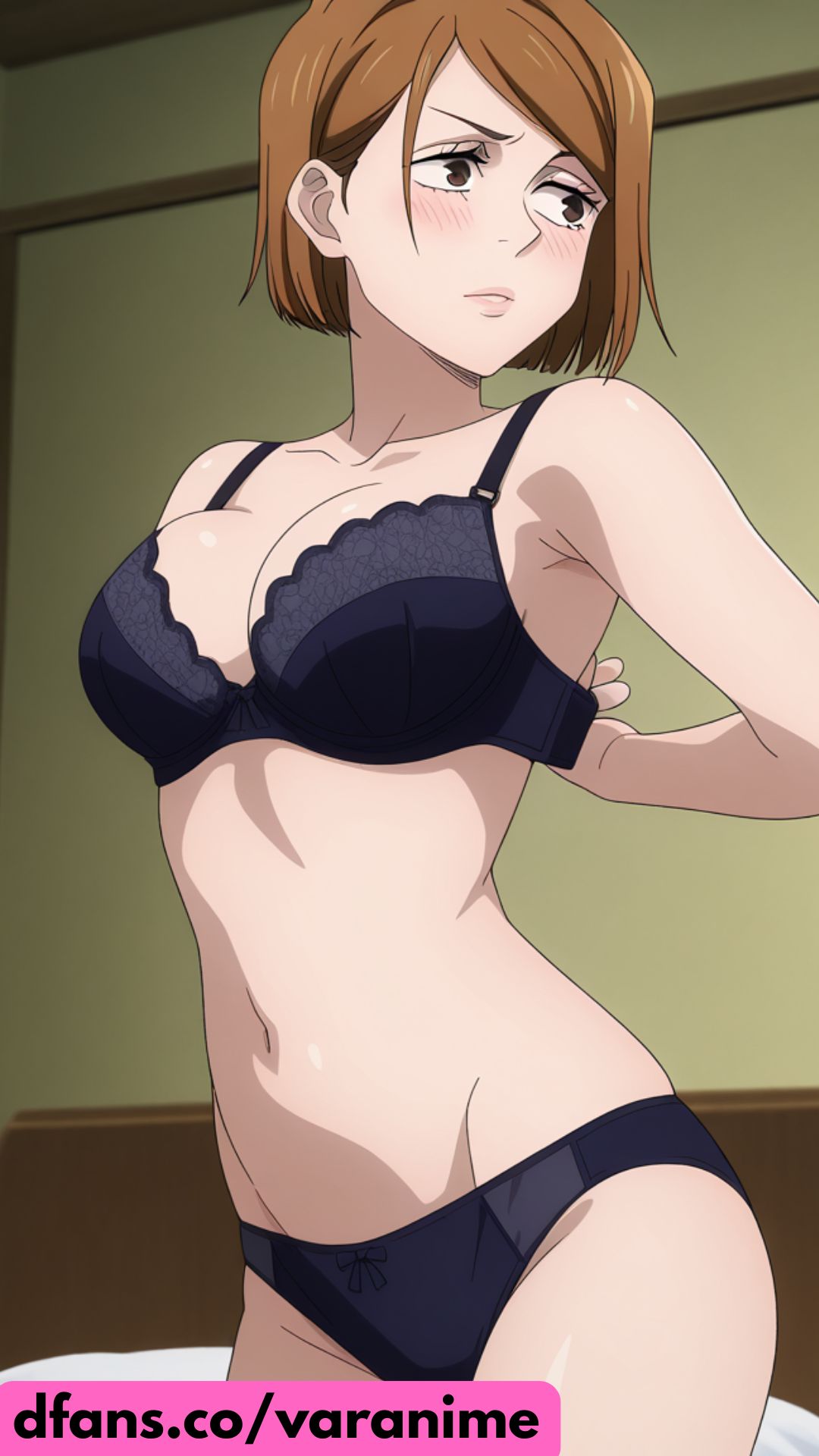 1girls, adjusting bra, ai generated, black breasts, female, female only, jujutsu kaisen, kugisaki nobara, nobara kugisaki, solo