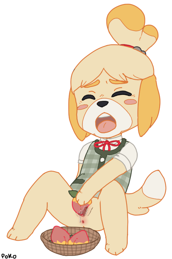 2016 abject animal_crossing anthro anus blush canid canine canis closed_eyes domestic_dog female food fruit improvised_sex_toy isabelle_(animal_crossing) mammal masturbation nintendo open_mouth peach_(fruit) plant pussy shih_tzu solo toy_dog video_games