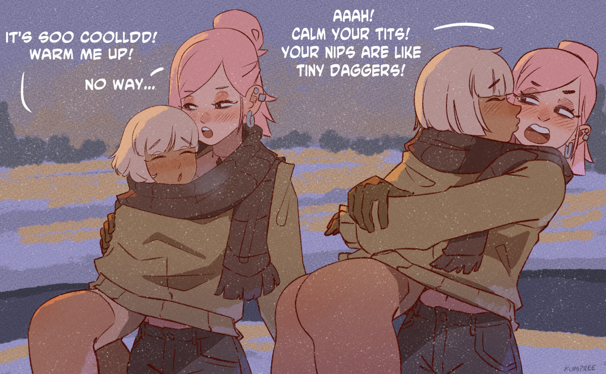 2girls, ass, asymmetrical hair, black scarf, blonde hair, blunt bangs, blush, breasts, brown gloves, closed eyes, cold, couple, dark skin, dark-skinned female, dusk, ear piercing, earrings, english text, exhibitionism, eyeshadow, female, gloves, hair bun, half-closed eyes, hoop earrings, hug, jewelry, kiss, kissing cheek, klimspree, lesbian, makeup, multiple girls, naked sweater, nude, one-piece tan, original, outdoor nudity, outdoors, piercing, pink eyeshadow, pink hair, public indecency, scarf, shared clothes, shared scarf, shared sweater, short hair, single hair bun, snow, suika (klimspree), sweater, tan, tanlines, winter, yuri, yuzu (klimspree)