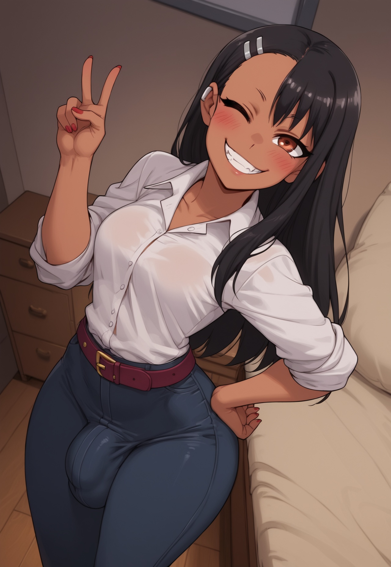 1futa, abs, ai generated, ass, balls, big ass, big breasts, big butt, big hips, big penis, black eyeshadow, black lip, black lips, black lipstick, black makeup, blue skirt, breasts, brown eyes, cleavage, clothed, clothing, covered abs, cum, cumming, dick, dickgirl, ear clip, earrings, eyebrows, eyelashes, from above, futa only, futanari, goth, goth futa, goth girl, goth makeup, gothic, gothic girl, gothified, grin, grinning, grinning at viewer, hands-free, hayase nagatoro, huge cock, indoors, intersex, lips, long hair, looking at viewer, makeup, masturbation, narrow waist, narrowed eyes, nose, penis, please don't bully me, nagatoro, school, school uniform, schoolgirl, seducing, seductive, seductive eyes, seductive gaze, seductive look, seductive mouth, seductive pose, seductive smile, shirt, sitting, skirt, smile, smile at viewer, smiley face, smooth balls, smooth penis, smooth skin, solo, solo dickgirl, solo focus, solo futa, tan body, tan skin, testicles, velonix