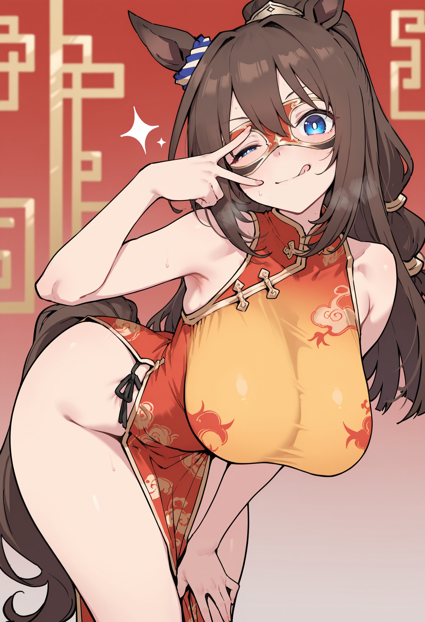ai generated, animal ears, blue eyes, brown hair, chinese dress, el condor pasa (umamusume), female, horse girl, long hair, mask, masked, umamusume, umamusume pretty derby, unknown artist