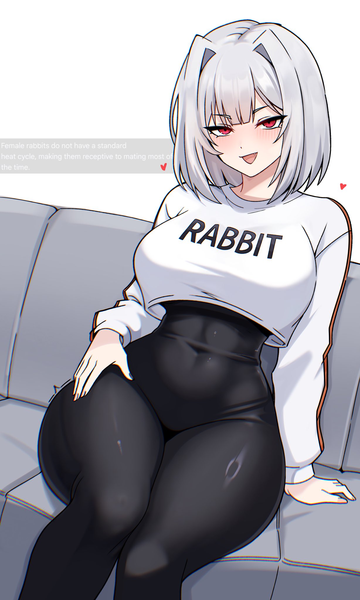 blush, bob cut, bodysuit, couch, female, female focus, female only, fully clothed, hand on thigh, hearts, hearts around head, library of ruina, lobotomy corporation, looking at viewer, m ayonessa, myo (lobotomy corporation), project moon, red eyes, sheer legwear, short hair, sitting, sole female, sweater, thick thighs, thighs, tremble spikes, white background, white hair