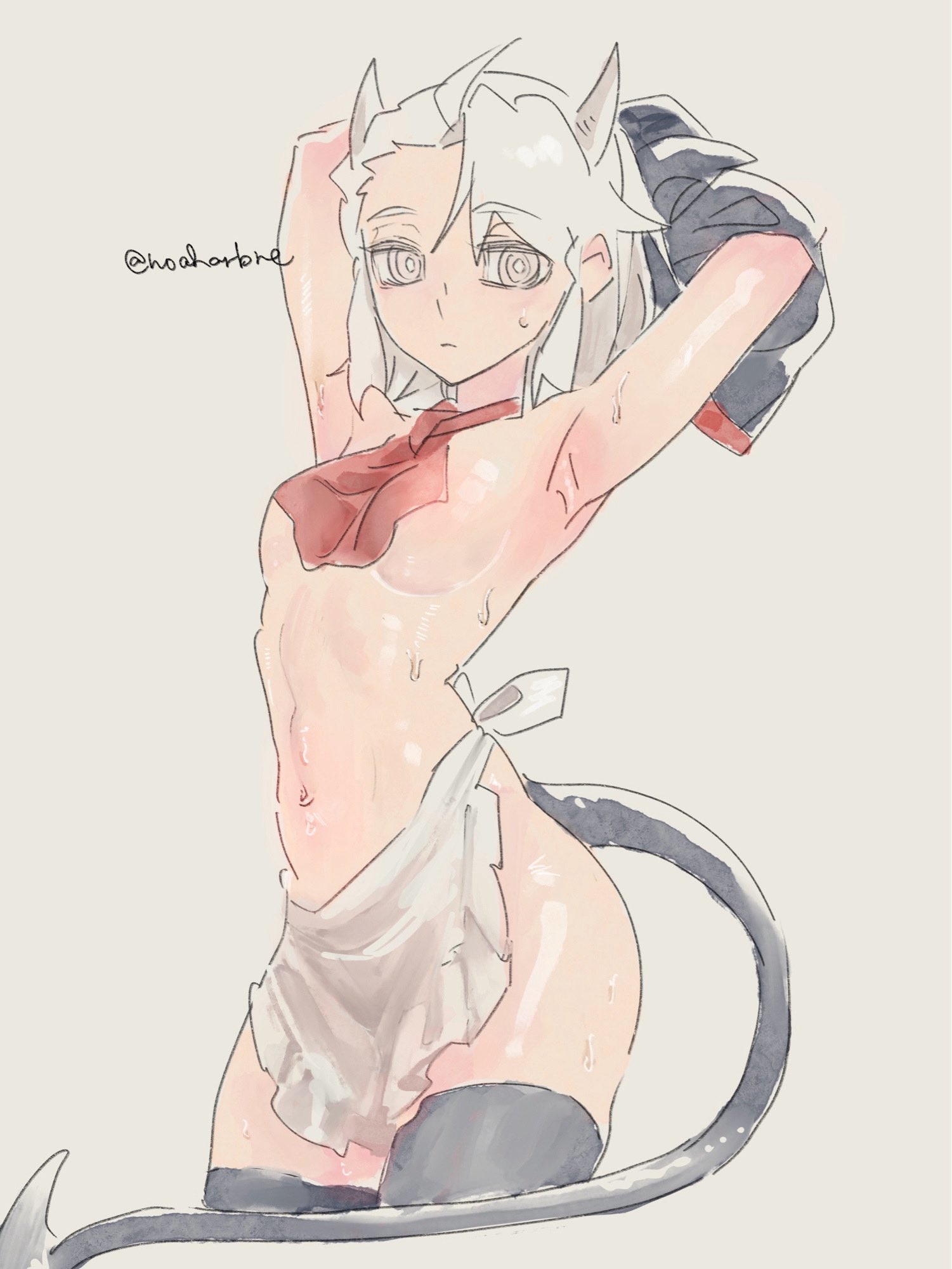 apron, apron only, demon, demon girl, demon horns, demon tail, helltaker, justice (helltaker), noah (tettsui-sole), noaharbre, tagme, undressing, white hair