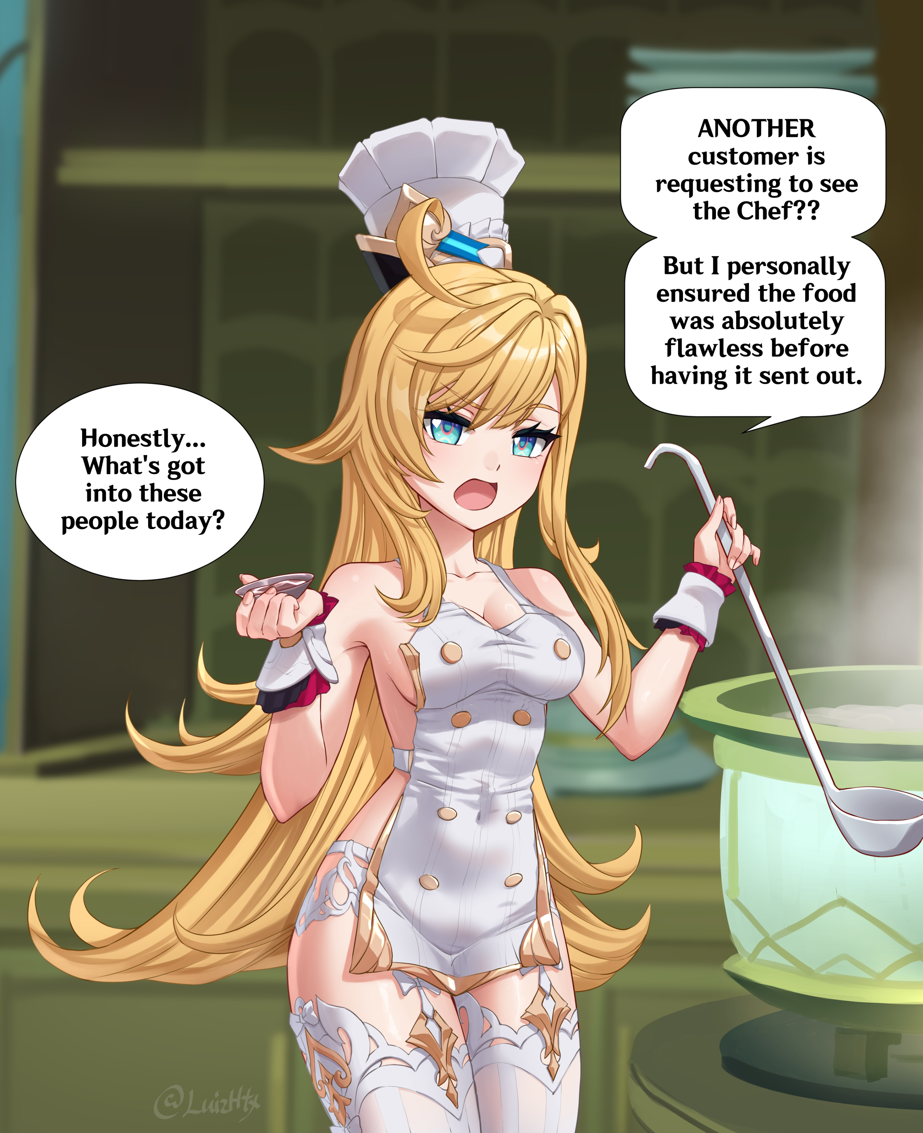 1girls, 2025, apron only, blonde hair, blue eyes, chef hat, cooking, escoffier (genshin impact), genshin impact, hoyoverse, luizhtx, naked apron, solo, solo female, tagme
