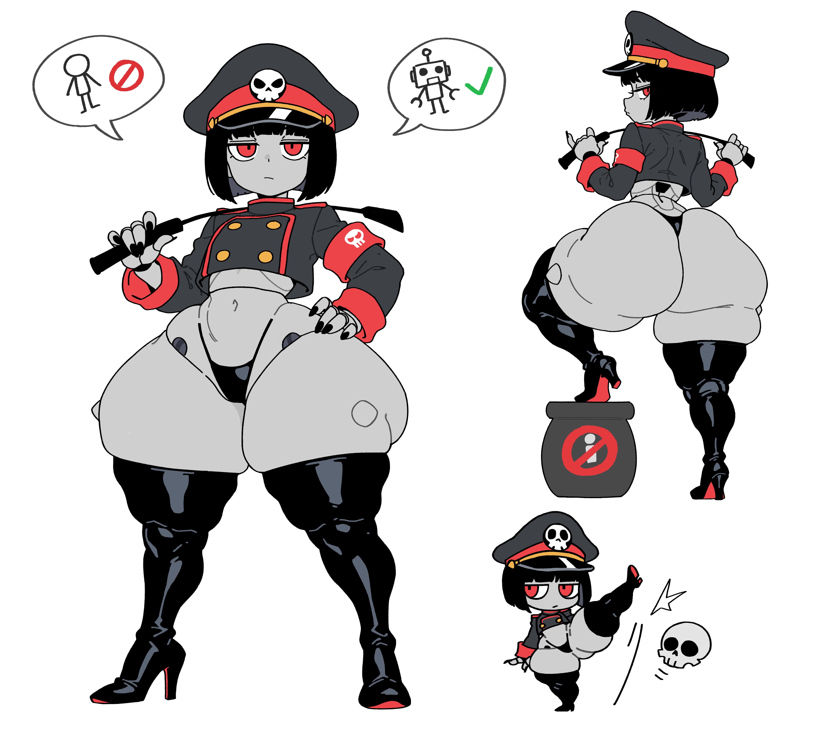 1girls, ass, bingbingzi, black hair, bob cut, bottom heavy, bubble butt, chengchezhiice, curvy, female, female only, flat, flat chest, grey skin, hand on hip, kicking, latex, latex thighhighs, leggings, looking at viewer, looking back, massive ass, military uniform, riding crop, robot, robot commander (bingbingzi), robot girl, robot humanoid, skull, text bubble, thick ass, thick thighs, thighhighs, thong, thunder thighs, voluptuous, voluptuous female, white background