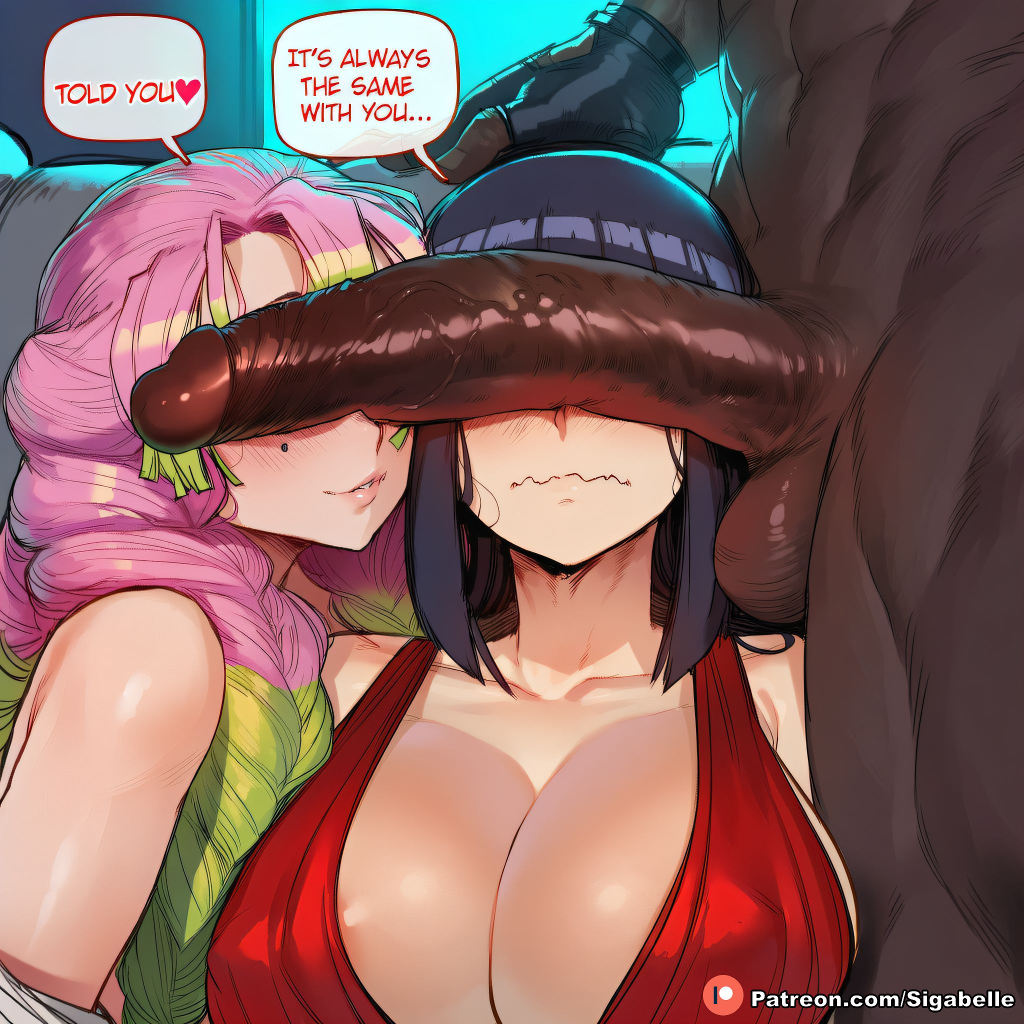 1girls, 2girls, ai assisted, ai generated, anime, anime style, big ass, big breasts, black hair, boruto: naruto next generations, breasts, caption, clitoris, comic, comic page, curvaceous, curvaceous body, curvaceous female, curvaceous figure, dark hair, dark male, dark penis, dark skin, dark-skinned male, demon slayer, dialogue, dress, female, female focus, fit female, girl, girly, green hair, hentai, hourglass figure, huge ass, huge breasts, hyuuga hinata, interracial, interracial sex, kanroji mitsuri, kimetsu no yaiba, manga, manga page, mitsuri kanroji, naruto, naruto (classic), naruto (series), naruto shippuden, netorare, nightclub, party, patreon, penis over eyes, pink hair, pussy, sexy, shiny, sigabelle, speech bubble, story, tan, tanned, tanned skin, text, text bubble, threesome, two tone hair, uncensored, uzumaki hinata, vagina, very dark skin, voluptuous, voluptuous female, waifu, waifu diffusion