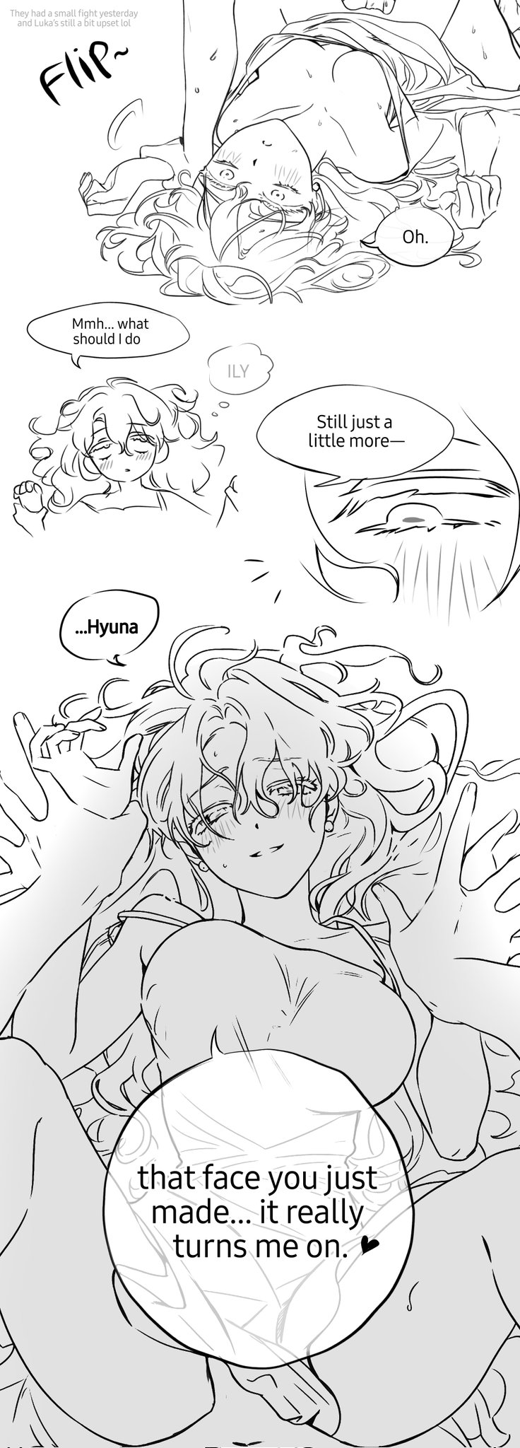 1boy, alien stage, breasts, comic, commentary, dress, earrings, english text, female, genderswap (ftm), holding another's wrist, hyuna (alien stage), long hair, lubya, luka (alien stage), lying, on back, pinned, rule 63, smile, straight, sweat