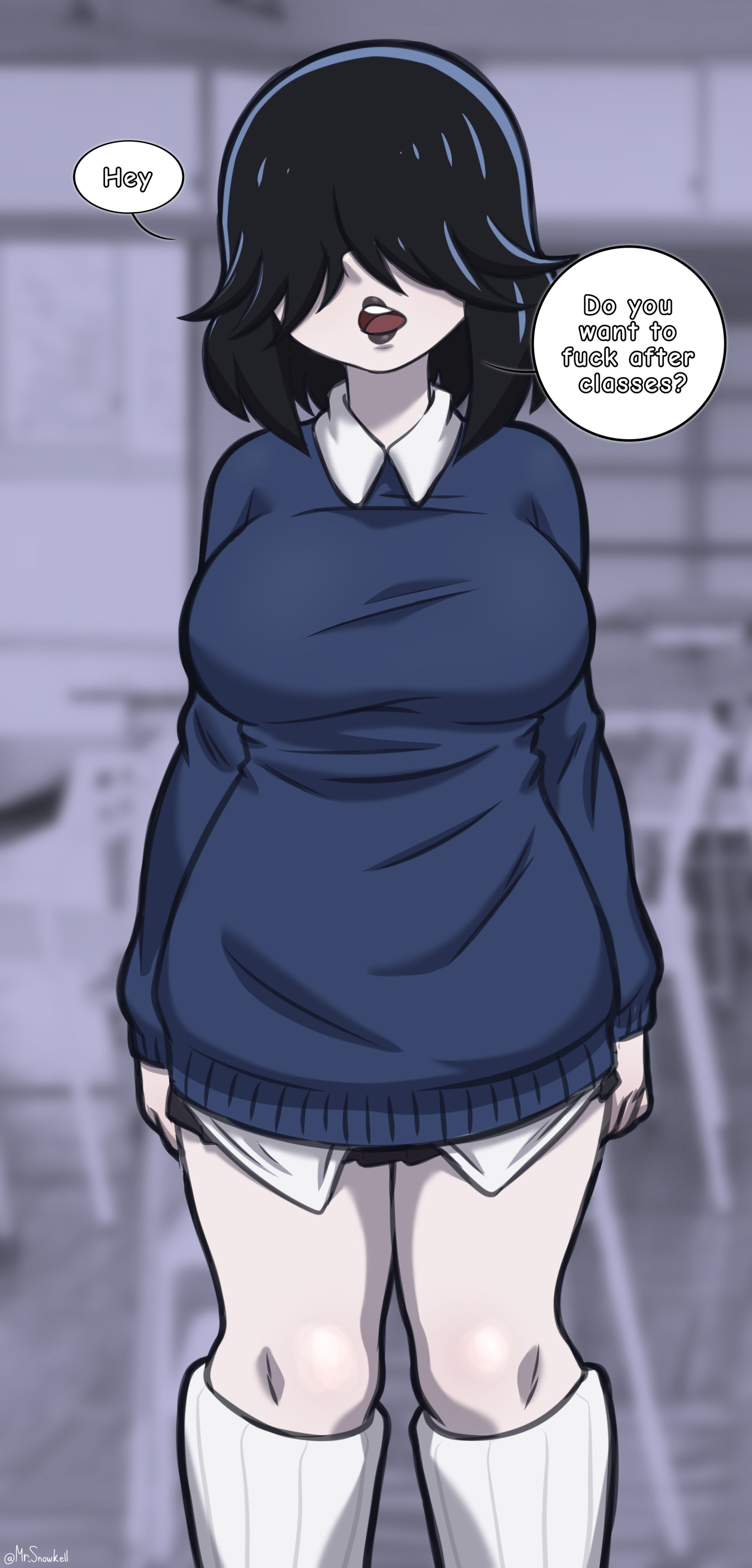 1girls, artist name, background, before sex, big breasts, black hair, breasts, clothed, clothed female, color, colored, english, english text, female, female focus, female only, goth, goth girl, gray lips, gray lipstick, grown up, hi res, high quality, high resolution, highres, imminent sex, inviting, inviting to sex, jpg, lipstick, looking at viewer, lucy loud, mr snowkell, nickelodeon, pov, short hair, staring at viewer, text, text bubble, the loud house, thick thighs, uniform, wide hips