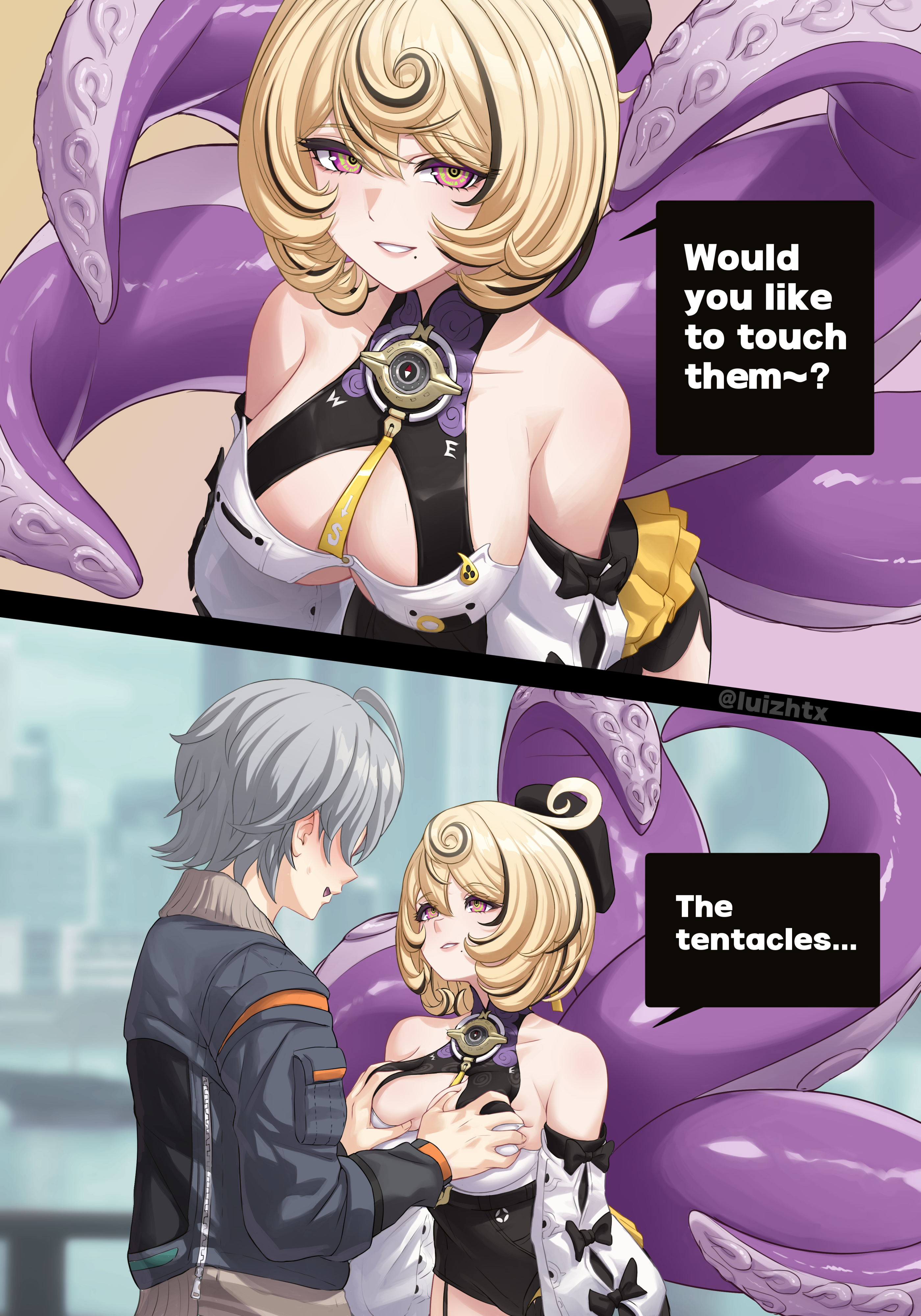 1boy, 1girls, 2 panel comic, 2025, 2koma, beauty mark, big breasts, blonde female, blonde hair, breast grab, breasts, clothed, comic, female, gray hair, groping breasts, hand on breast, hoyoverse, huge breasts, humor, light skin, light-skinned female, light-skinned male, luizhtx, male, male pov, male/female, mole, mole under mouth, multicolored eyes, multicolored hair, octopus girl, tagme, tentacle, tentacle girl, thiren, touching breast, wise (zenless zone zero), yidhari murphy, zenless zone zero