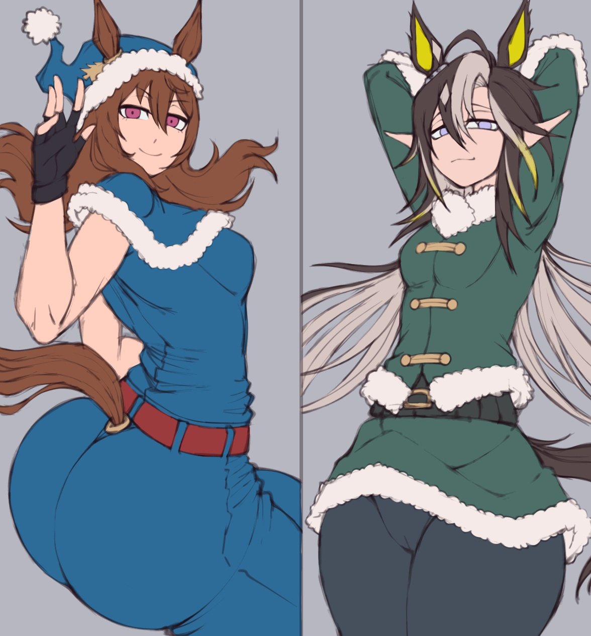bubble ass, bubble butt, christmas, christmas clothing, christmas outfit, dream journey (umamusume), looking at viewer, luckyshazo, nakayama festa (umamusume), umamusume, umamusume pretty derby, wip