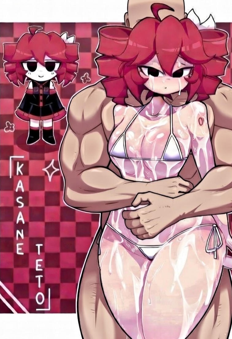 1boy, 1girl1boy, 1girls, big breasts, bikini, cum, cum on body, cum on breasts, female, kasane teto, kasane teto (sv), male, oiled, red eyes, red hair, synthesizer v, thighs, utau, wet