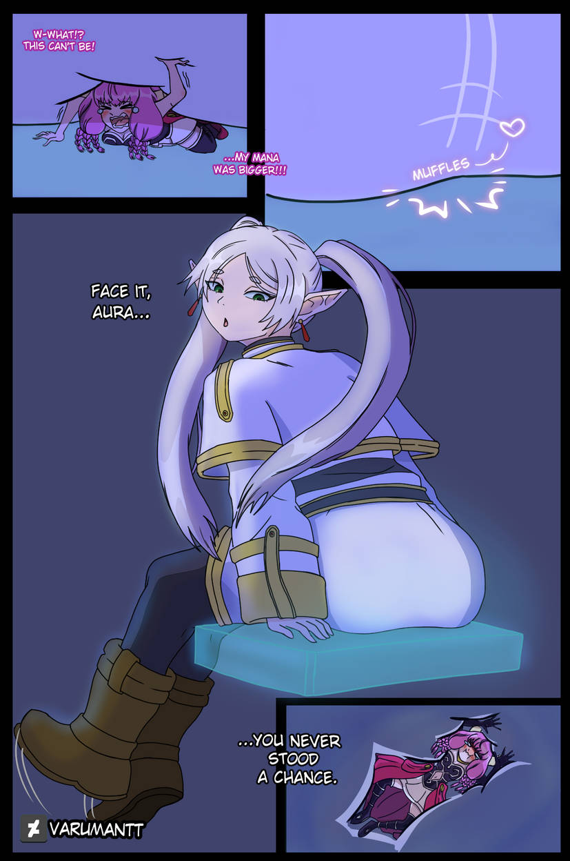 2025, 2d, 2girls, angry, angry face, artist name, aura (sousou no frieren), boots, butt crush, clothed, clothes, clothing, color, colored, comic, crushed by ass, demon, demon girl, demon horns, dialogue, elf, elf ears, elf female, female, female only, frieren, frieren beyond journey's end, full body, fully clothed, giantess, looking at another, looking down, looking down at partner, micro, micro female, pink hair, pointy ears, shrunk, shrunken female, sitting, sitting on person, sousou no frieren, text, trapped under ass, twintails, varumantt, white hair