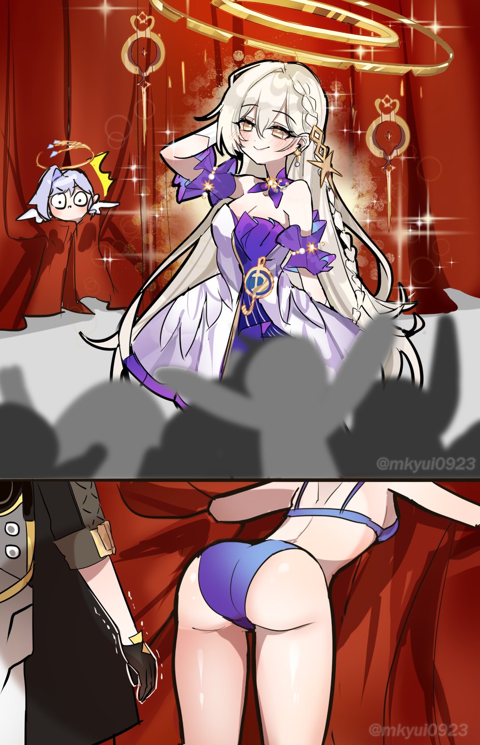 ass, crossover, female only, genshin impact, honkai (series), honkai: star rail, hoyoverse, humor, istaroth (genshin impact), mkyui0923, robin (honkai: star rail), stelle (honkai: star rail), underwear