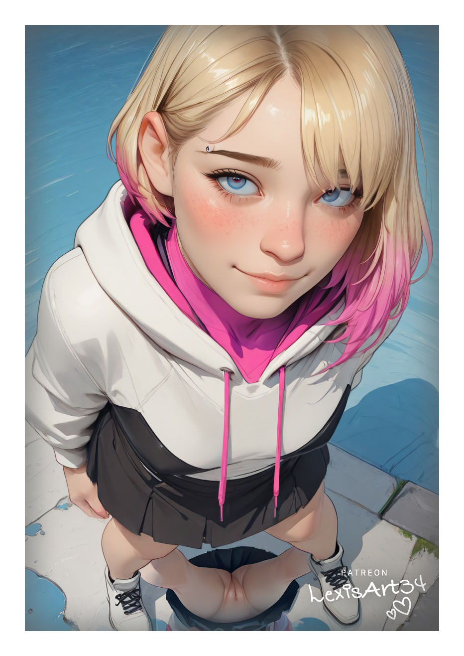 ai generated, gwen stacy, gwen stacy (spider-verse), lexisart34, marvel, no panties, reflection, reflective floor, reflective water, spider-gwen, spider-man (series), upskirt