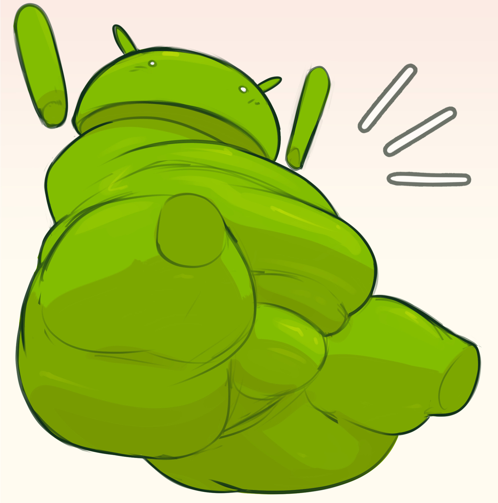 1boy, android (os), antennae, antennae (anatomy), ass, balls, ballsack, belly, big ass, big belly, big butt, blush, blush lines, blushing, boy, bugdroid, bulge, butt, chubby, chubby male, fat, fat ass, fat male, green body, green skin, happy, locitony, male, male only, no humans, non-human, non-human only, null bulge, robot, robot boy, solo