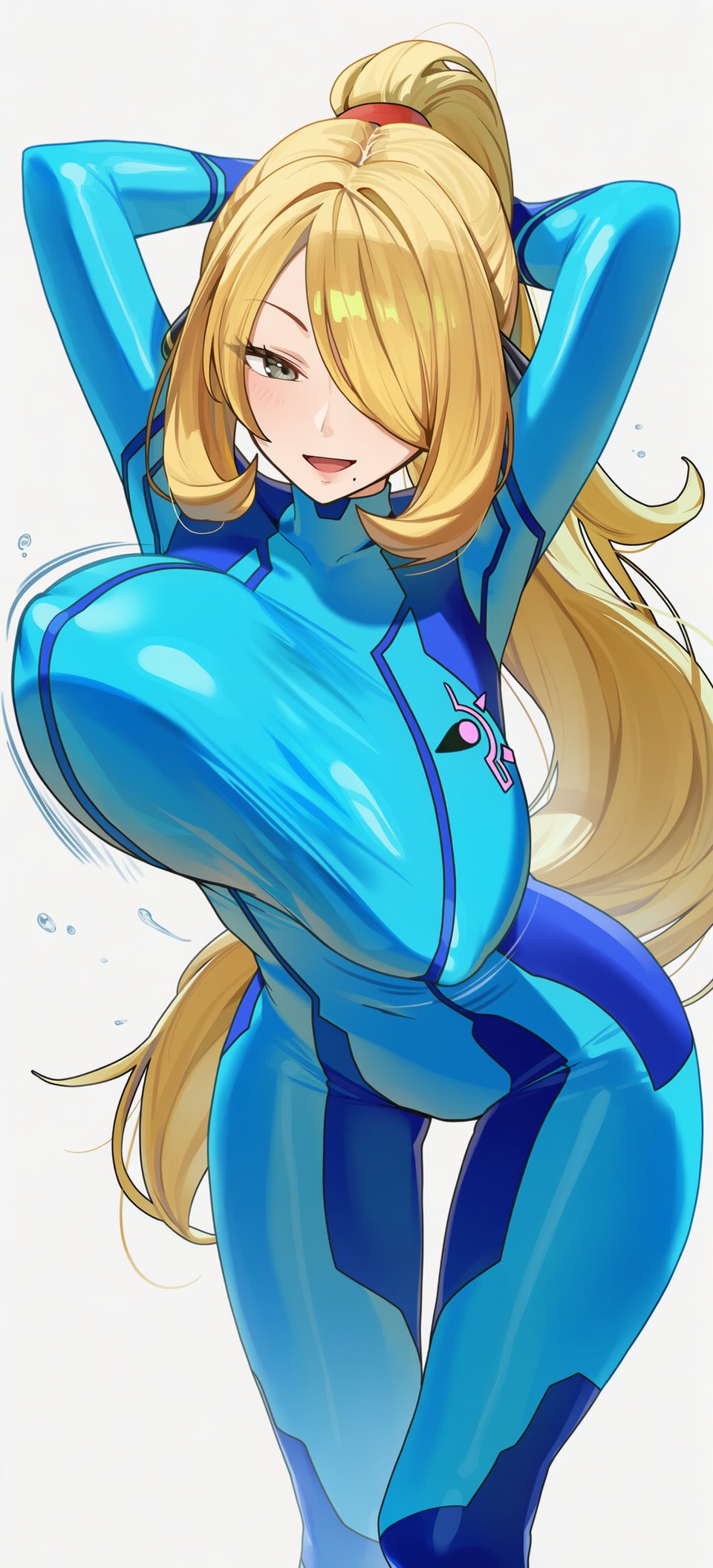 1girls, arms up, big breasts, blonde hair, bodysuit, bouncing breasts, breasts out, cosplay, cynthia (pokemon), erect nipples, erect nipples under clothes, grey eyes, looking at viewer, metroid, nintendo, nipples, one eye obstructed, pokemon, pokemon dppt, ponytail, samus aran (cosplay), skin tight, solo, sweat, tagme, tagme (artist), tight clothing, water, white background, zero suit