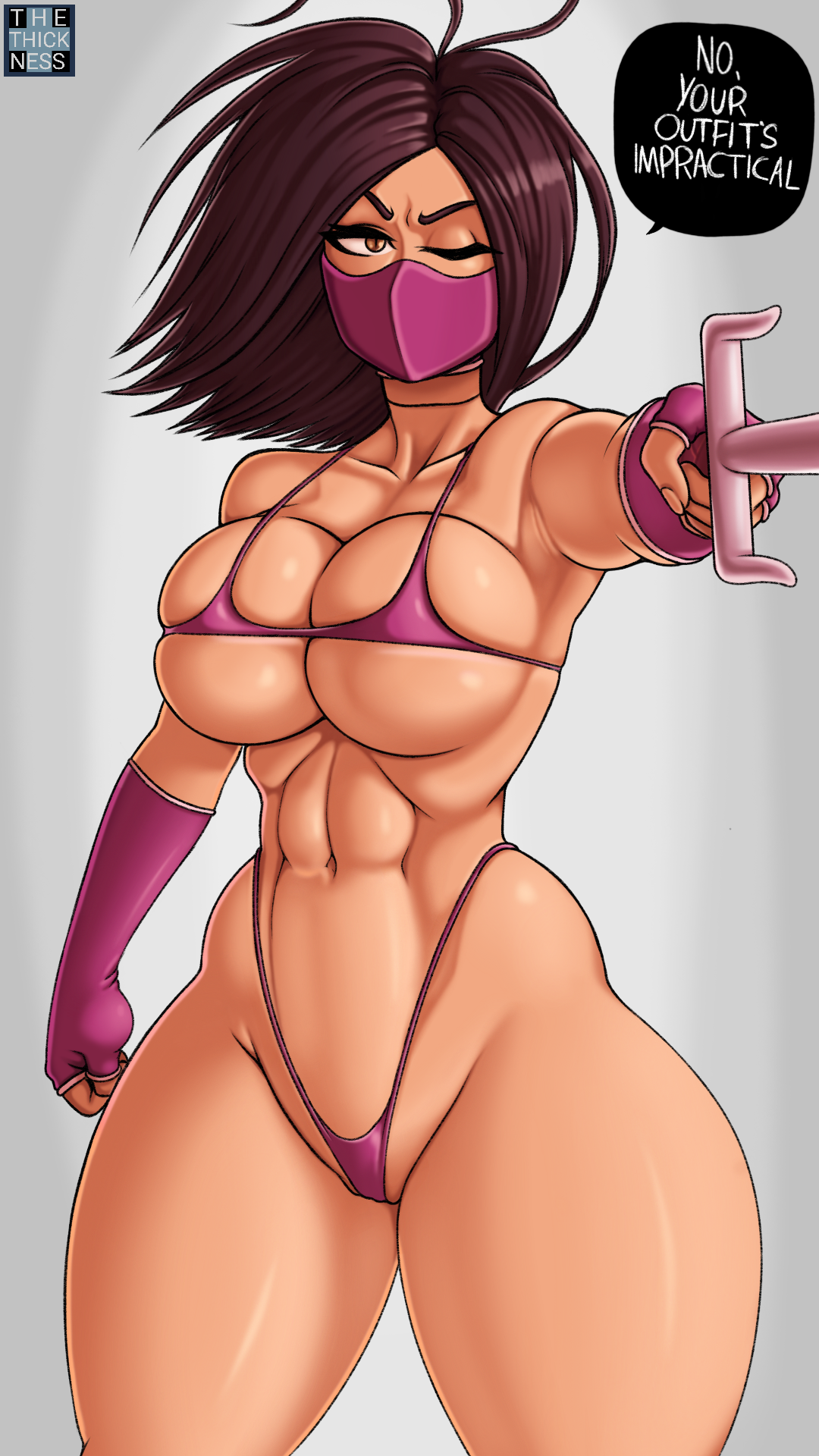 1girls, 2d, abs, big breasts, bikini, breasts, cleavage, english text, female, female only, large breasts, looking at viewer, mileena, mortal kombat, seductive, solo, speech bubble, text, thethickness