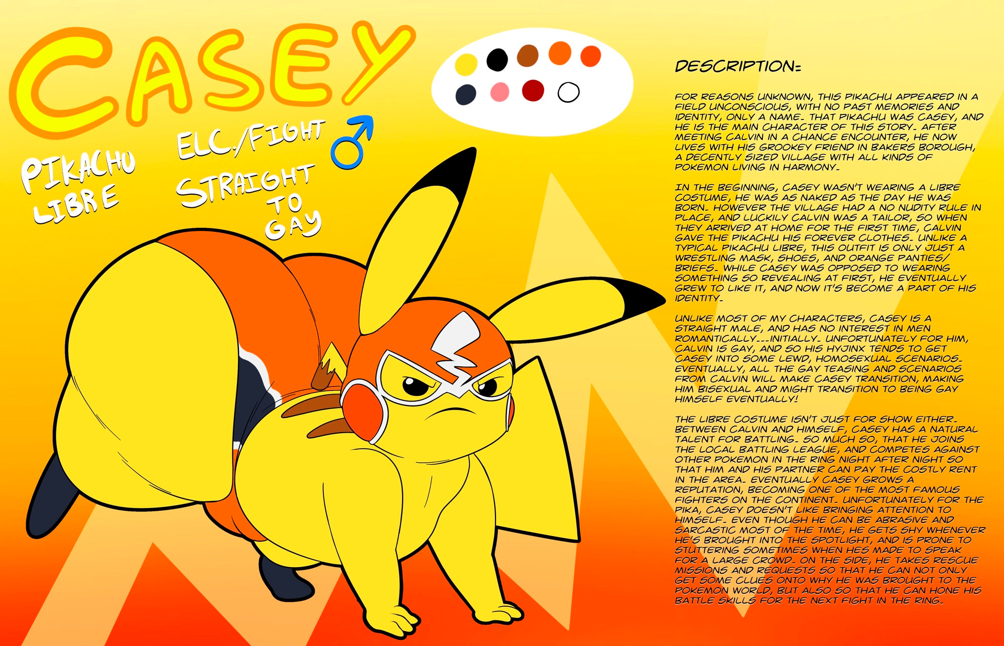 absurd res, ass, big butt, biped, black shoes, black striped panties, casey (tepigfan101), character description, clothing, cosplay pikachu, description, english text, femboy, fur, furry, gay, gay anal, gay male, gay sex, gender symbol, generation 1 pokemon, hi res, homosexual, homosexual male, lore, male, male penetrated, male symbol, male/male, model sheet, nintendo, orange clothing, orange mask, orange panties, orange underwear, panties, pikachu, pikachu libre, pokemon, pokemon (species), pokemon mystery dungeon through thicc and thin (comic), sitting, solo, solo male, straight to gay, symbol, tepigfan101, text, thick thighs, underwear, yellow body, yellow fur