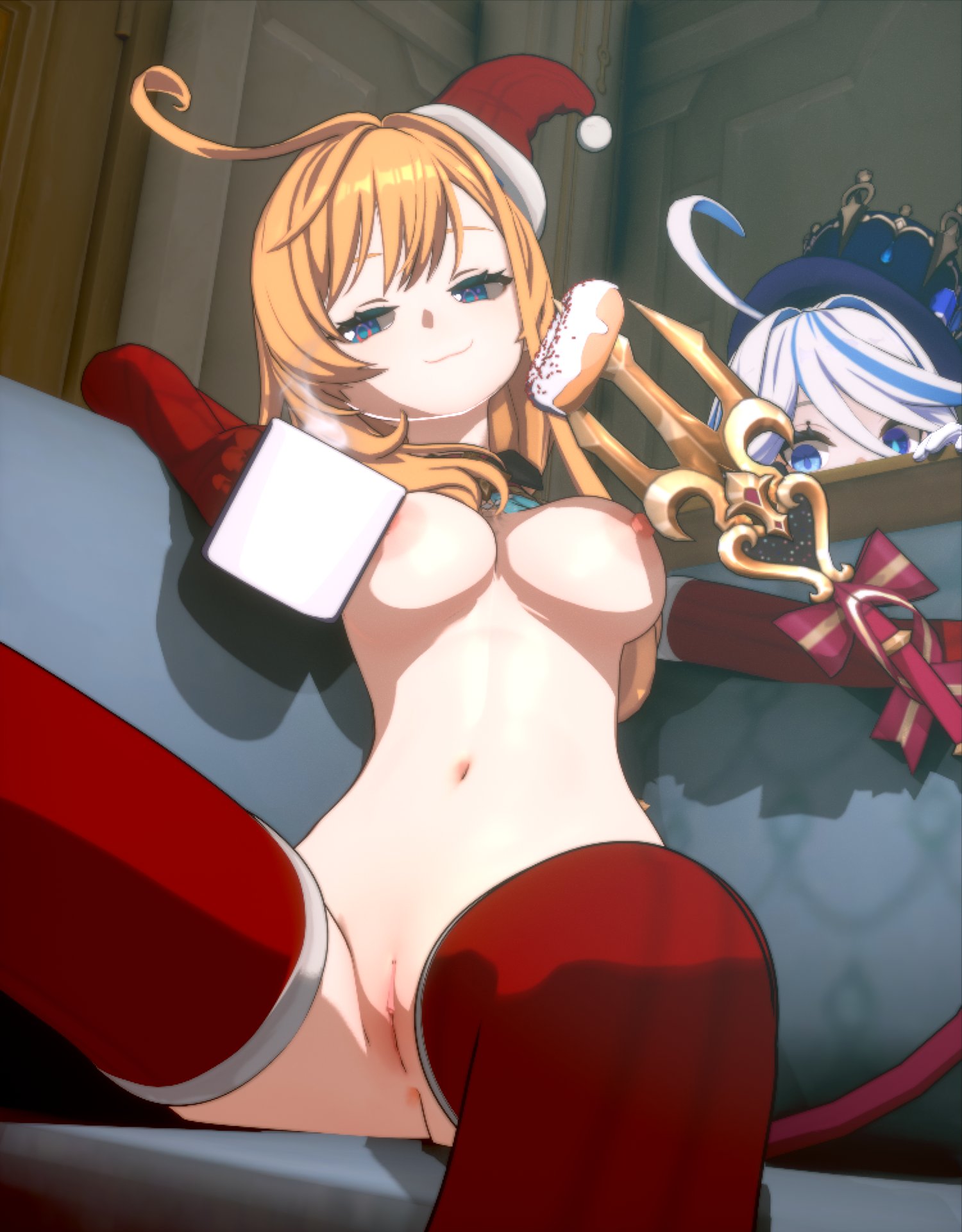 1girls, 3d, armwear, blender (software), blonde hair, christmas, christmas outfit, clitoris, couch, donut, eating, escoffier (genshin impact), exposed, exposed breasts, food, furina (genshin impact), genshin impact, hoyoverse, legwear, mechanical tail, mihoyo, mug, passengerlamp, peeping, santa costume, santa hat, smoke, smug, solo, solo female, solo focus, spread legs, staring, tail, thigh highs, thighhighs, thighs, trident, vagina
