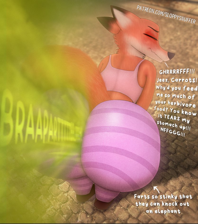 anthro, ass, big butt, black eyebrows, black nose, blush, bottomwear, brown markings, canid, canine, clothed, clothing, crossdressing, dialogue, dipstick ears, dipstick tail, directional arrow, disney, ear markings, embarrased, english description, english text, eyebrows, fart, fart cloud, fox, green eyes, looking back, male, mammal, markings, mouth closed, multicolored ears, nick wilde, onomatopoeia, orange fox, pants, pink bottomwear, pink clothing, pink pants, pink shirt, pink tank top, pink topwear, question mark, rear view, red fox, shirt, sloppysnuffer, solo, tagme, tail, tail markings, tank top, text, topwear, true fox, zootopia