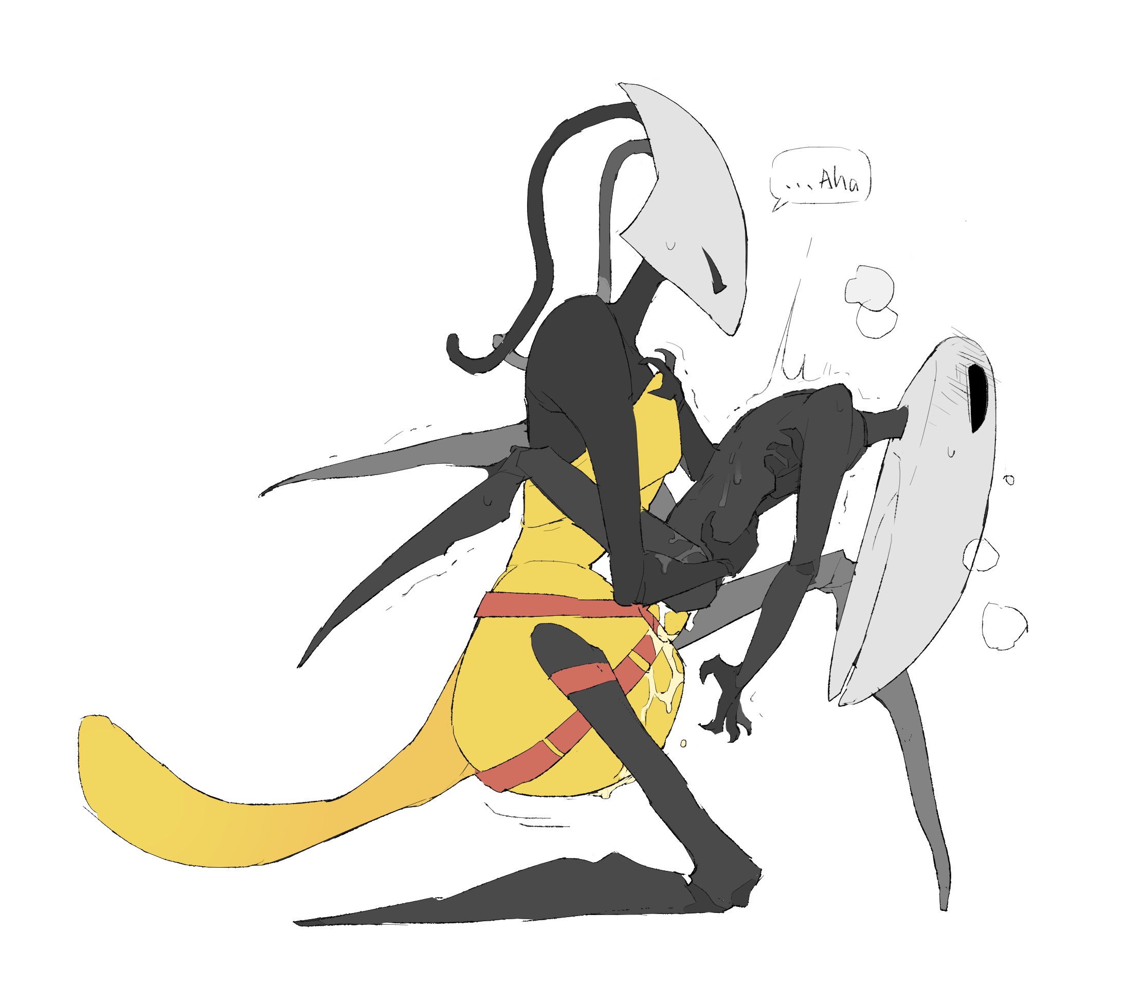 2girls, black skin, blush, female, female only, hollow knight, hollow knight (franchise), hollow knight: silksong, hornet (hollow knight), insect girl, insects, justdog, justdog2025, nude, shakra (hollow knight), small breasts, strap-on, team cherry, text, vaginal penetration, yuri