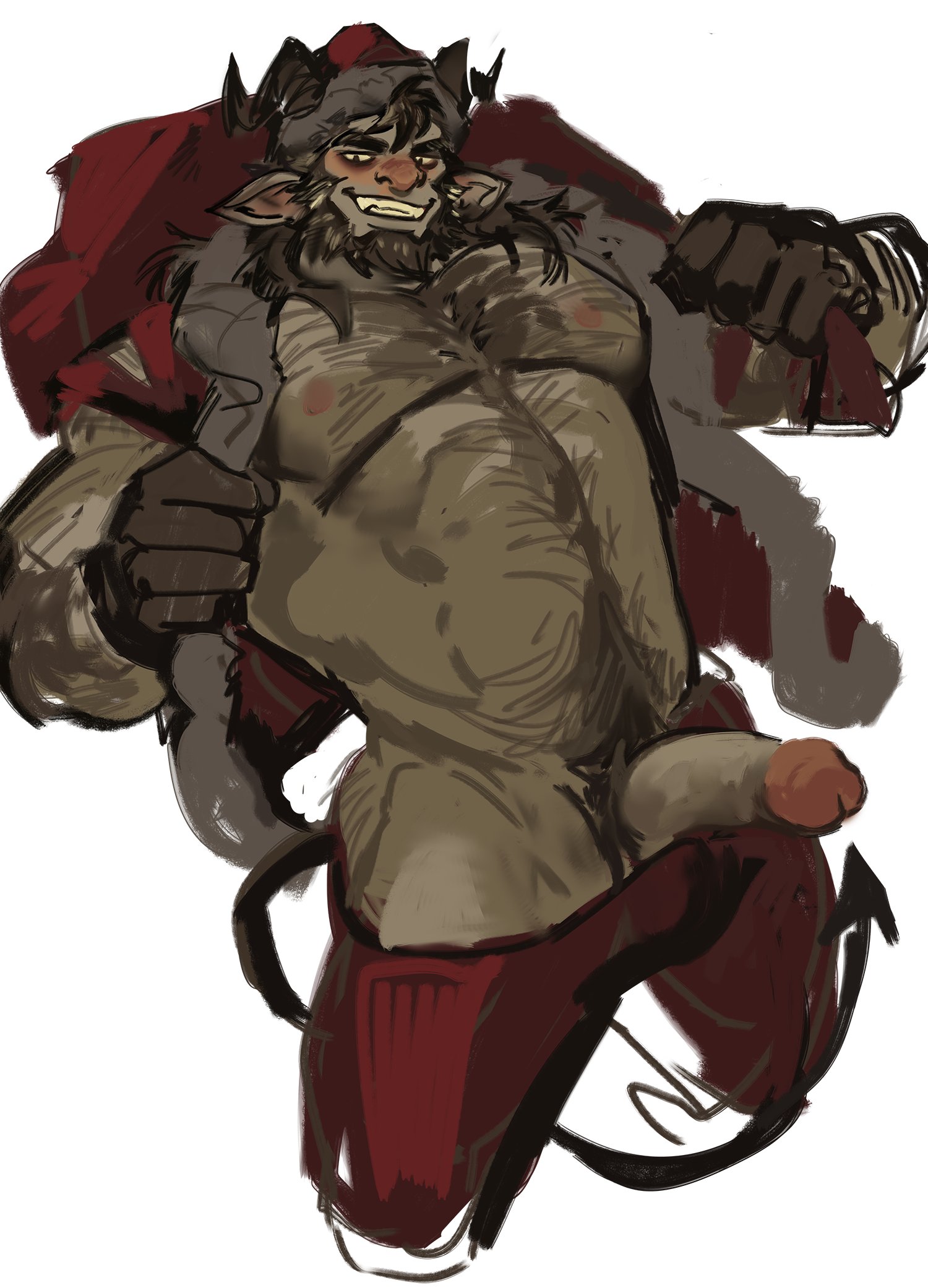 anthro, bara, beard, big penis, blush, bovid, christmas, christmas clothing, clothing, dopq, erection, goat, goat demon, hairy chest, holidays, horn, jang ju hyeon, krampus, male, male nipples, male only, male pubic hair, muscular male, nipples, penis, santa costume, yy6242