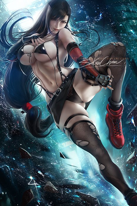 bikini top, black hair, elbow gloves, female, final fantasy, final fantasy vii, long hair, sakimichan, tagme, thighhighs, tifa lockhart