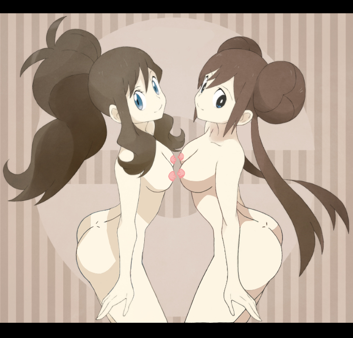 2girls ass back black_border blue_eyes breasts brown_background brown_hair double_bun edit female female_only hilda_(pokemon) nintendo nipples nude nude_filter pokemon pokemon_bw pokemon_bw2 ponytail rosa_(pokemon) souji twintails wide_hips
