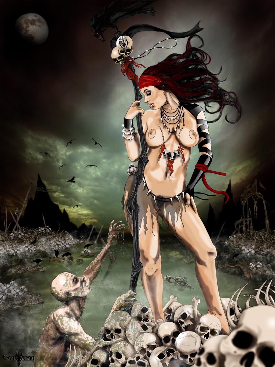 armband barefoot black_hair bracelet breasts demon demon_girl esau13 fantasy female flowing_hair gloves hourglass_figure lake loincloth magic makeup moon necklace nude pale_skin pose pubic_hair see-through skull skull_and_crossbones sorceress staff standing thick_thighs witch zombie