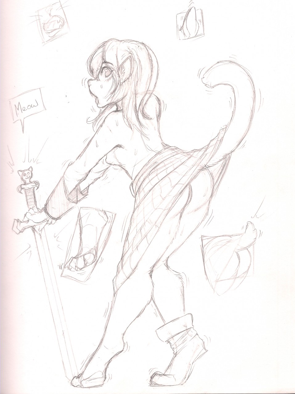 2019 anthro armor ass bodily_fluids boots bracers breasts clothing domestic_cat felid feline felis female footwear hair hi_res kilt mammal melee_weapon monochrome open_mouth pawpads pussy raised_tail sketch solo sweat sword tail_growth tharkis traditional_media_(artwork) transformation watsup weapon