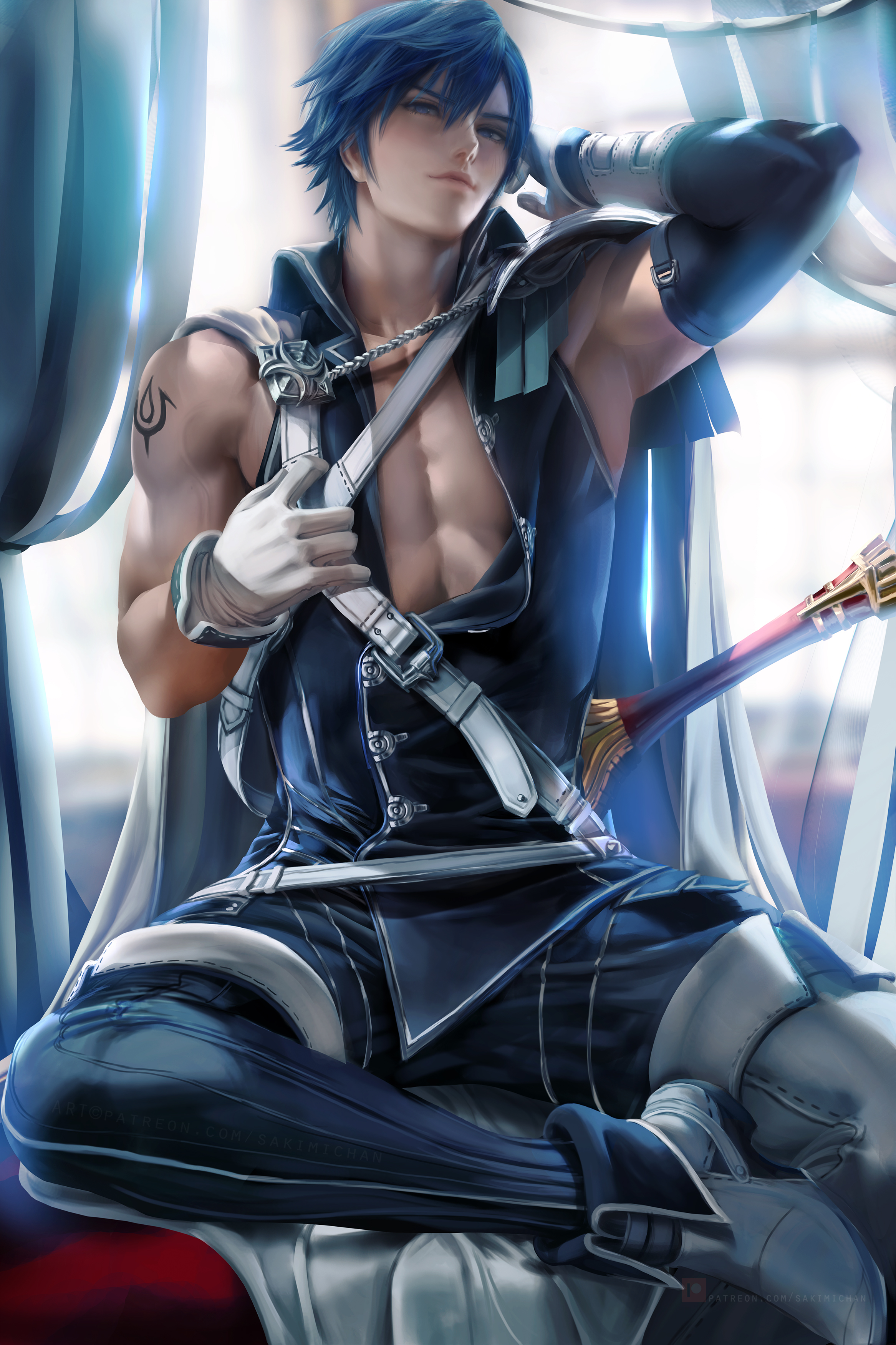 1boy, blue hair, chrom (fire emblem), dilf, fire emblem, fire emblem awakening, male, male only, muscles, muscular, muscular male, sakimichan, white gloves