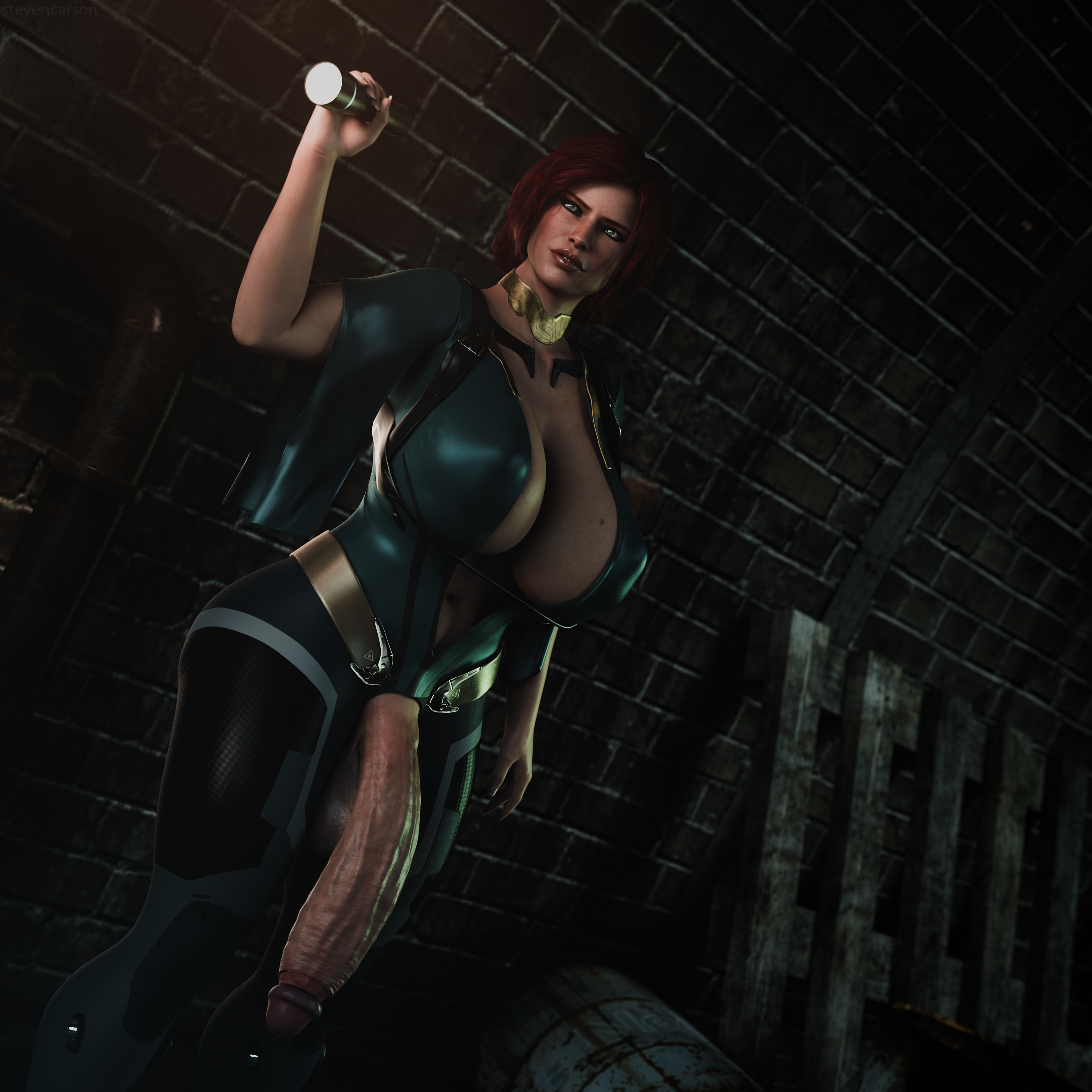 1futa, 3d, absurdres, balls, breasts, casual boner, casual exposure, cd projekt red, cleavage, crotchless, curvy, erect nipples, flaccid, futa only, futanari, highres, holding object, huge breasts, huge cock, hyper, hyper penis, intersex, large balls, nipple bulge, nipples, penis, penis out, realistic, solo, solo futa, standing, stevencarson, the witcher, the witcher (series), the witcher 2, the witcher 3: wild hunt, triss merigold, wide hips