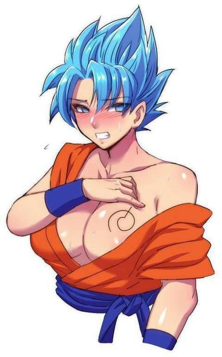 1girls blue_eyes blue_hair blush breasts cleavage dragon_ball female female_goku large_breasts light-skinned_female light_skin rule_63 saiyan short_hair son_goku spiky_hair super_saiyan super_saiyan_blue teba_motoko