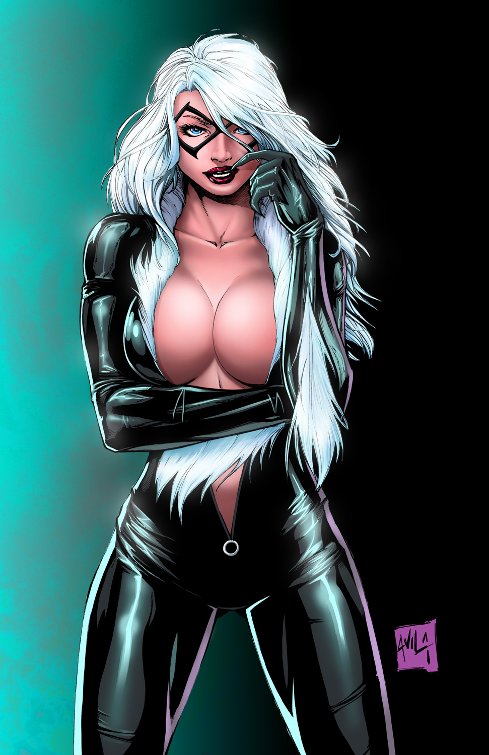 1girls, big breasts, black bodysuit, black cat (marvel), blue eyes, bodysuit, breasts, bursting breasts, busty, catsuit, cleavage, curvaceous, curvy, domino mask, eyeshadow, felicia hardy, female, female only, fur trim, huge breasts, human, javier avila, large breasts, long hair, makeup, marvel, marvel comics, mascara, mask, open bodysuit, open clothes, pinup, red lips, red lipstick, showing breasts, skin tight, solo, spider-man (series), standing, straight hair, superheroine, tight clothes, tight clothing, unzipped, unzipped bodysuit, voluptuous, white hair, zipper, zipper pull tab