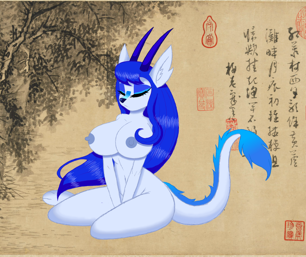 anthro asian_mythology big_breasts blue_hair breasts closed_eyes cocaine-leopard dragon east_asian_mythology eastern_dragon eyeshadow fan_character female hair horn long_hair makeup mythology nipples non-mammal_breasts sitting solo