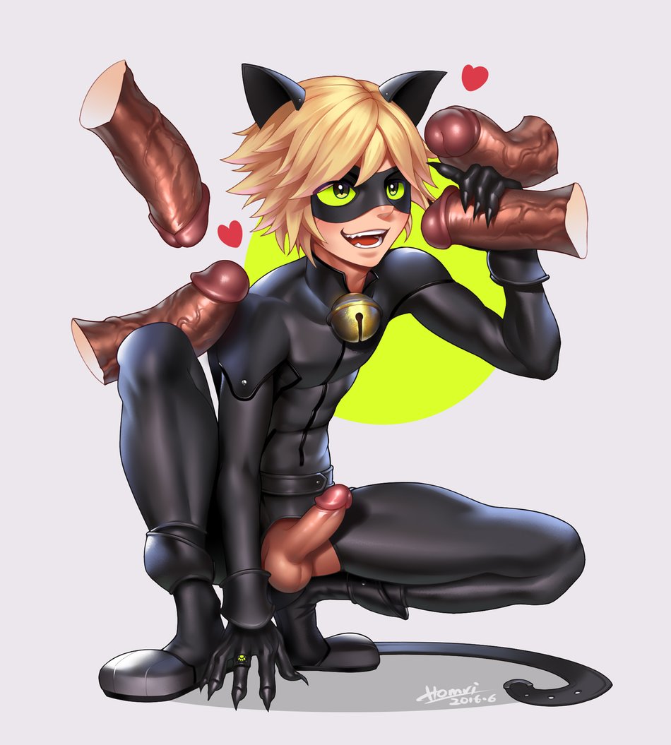 1boy adrien_agreste animal_ears bangs belt blonde_hair bodysuit cat_noir disembodied_penis erection fake_animal_ears femboy girly green_eyes handjob heart homri male male_only mask miraculous_ladybug multiple_males naughty_face penis penis_out ring teeth testicles tongue yaoi