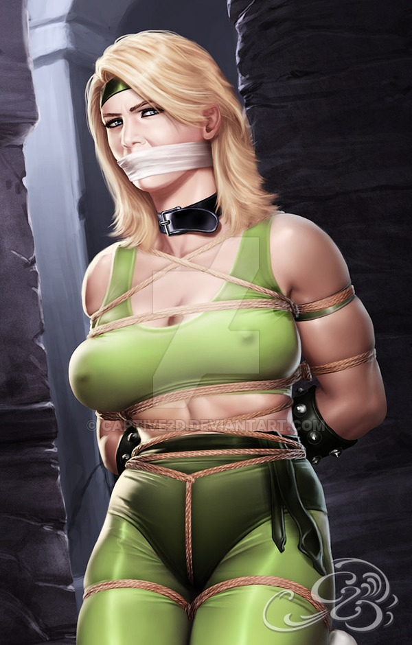 2d, armband, big breasts, blonde hair, bondage, breasts, busty, captive 2d, cleavage, collar, crop top, curvaceous, curvy, defeated, female, gag, gagged, gym uniform, hands tied, headband, long hair, mortal kombat, rope, rope bondage, sonya blade, tank top, tape gag, taped mouth, watermark