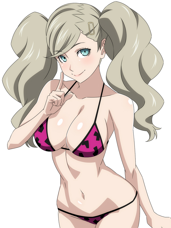 1girls ann_takamaki bangs big_breasts bikini blonde blonde_hair blue_eyes blush blushing breasts cleavage clothing cognitive_ann collarbone curvy eyebrows_visible_through_hair eyelashes female female_only fully_clothed hairclip huge_breasts index_finger_raised large_breasts leopard_print leopard_print_bikini lips long_hair looking_at_viewer navel persona persona_5 purple_bikini purple_swimsuit ra_pen_ sexually_suggestive shiny_hair shiny_skin smile smiling solo standing swept_bangs swimsuit twintails video_game video_games voluptuous white_background wide_hips