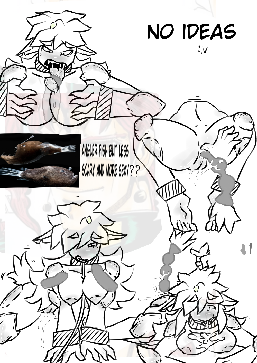 1girls 2boys ahe_gao anglerfish bondage breasts feet fellatio furry harran huge_breasts long_tongue male_pov oral original_character partially_colored penis pov rope sketch text thick_thighs watermark what wide_hips