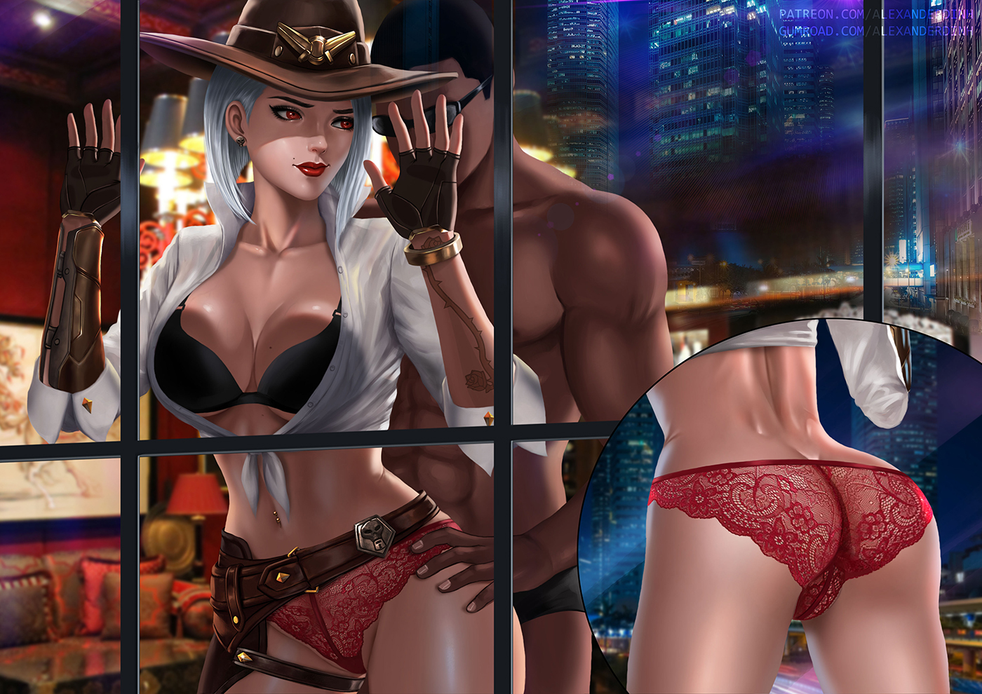 1boy, 1girls, 2d, against glass, alexander dinh, ashe (overwatch), ass, blizzard entertainment, bra, breasts, breasts on glass, cleavage, female, hand on glass, male, overwatch, panties