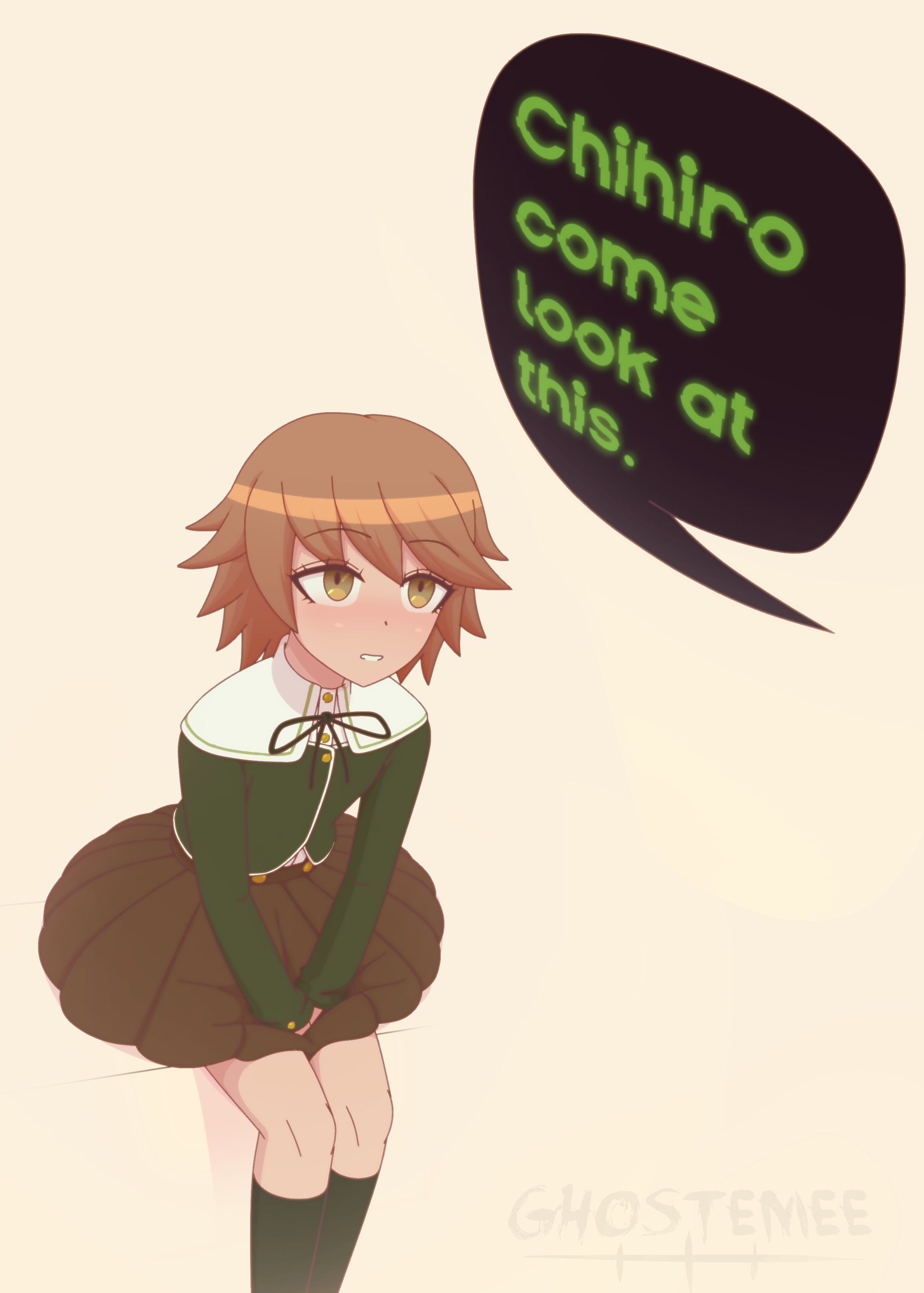 danganronpa, femboy, fujisaki chihiro, ghostemee, male, smooth skin, text, text bubble