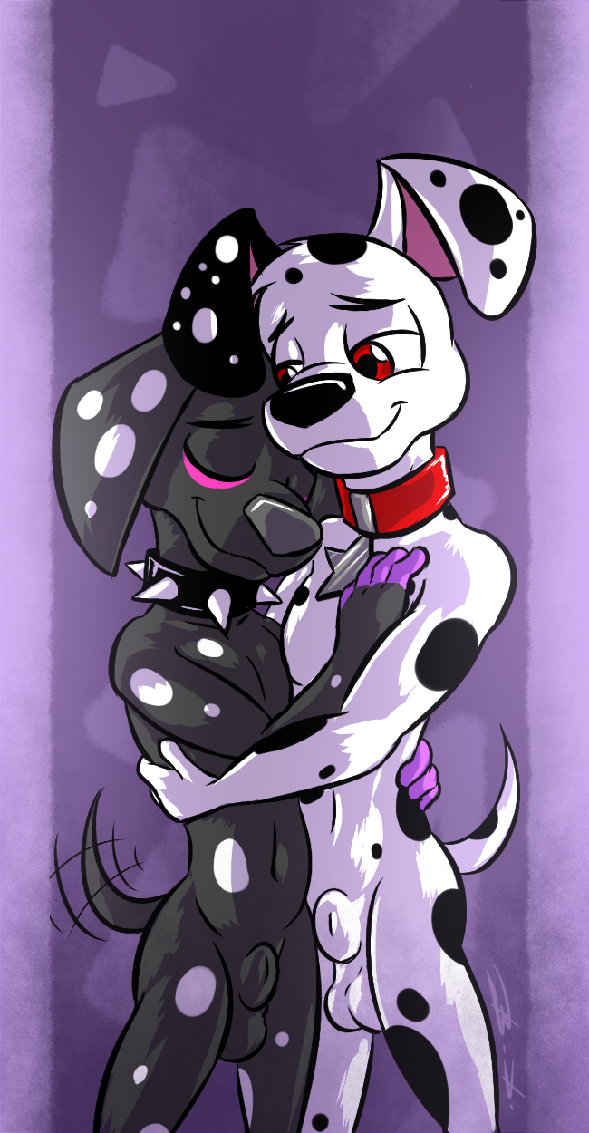 101_dalmatian_street 101_dalmatians 2019 2boys animal_genitalia anthro bassybird brother brothers canid canine canis collar dalmatian dante_(101_dalmatians) disney domestic_dog duo dylan_(101_dalmatians) fully_sheathed gay hi_res hug male male/male male_only mammal penis sheath sibling smile spiked_collar spikes spots yaoi