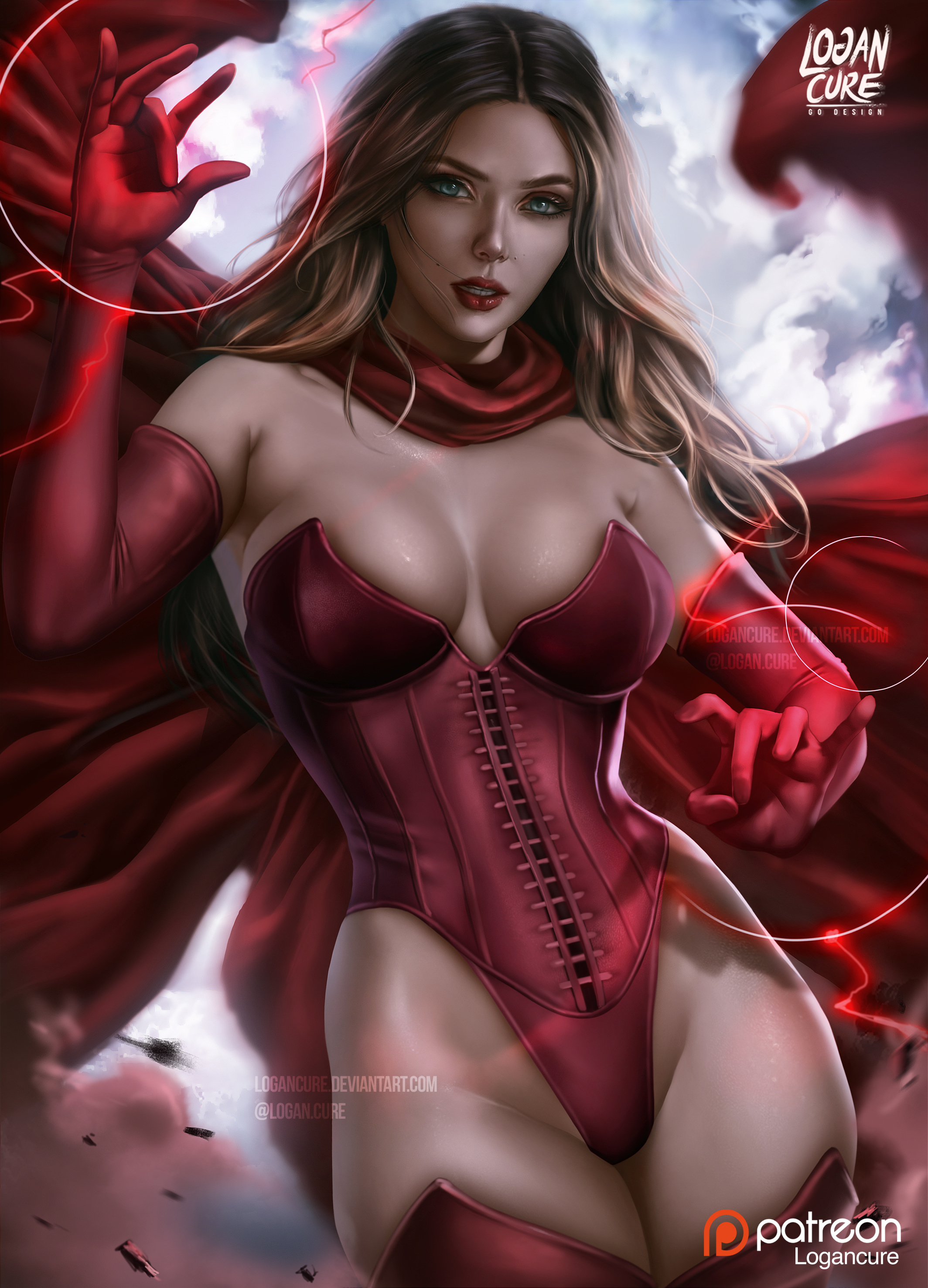 1girls, absurdres, actress, avengers, breasts, brown hair, cape, celebrity, clothes, corset, elbow gloves, elizabeth olsen, female, female only, gloves, highres, logan cure, long hair, looking at viewer, marvel, marvel comics, medium breasts, mutant (marvel), necklace, nude, paid reward, patreon reward, pussy, real person, realistic, red lipstick, scarlet witch, solo, standing, tight clothing, wanda maximoff, x-men