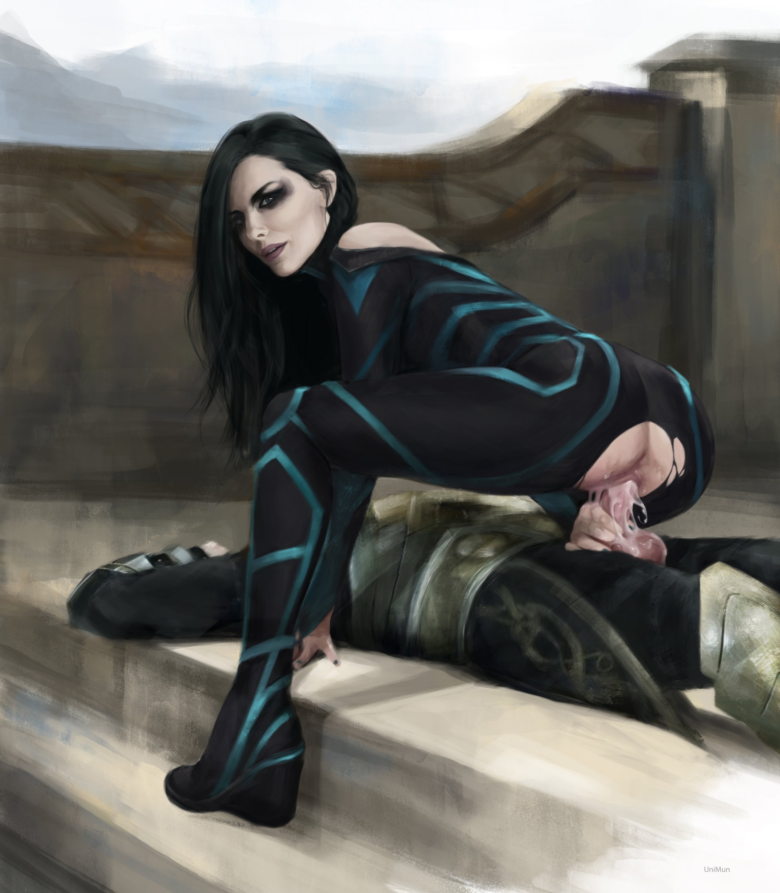 1boy, 1girls, anus, asgardian, ass, bodysuit, cate blanchett, cowgirl position, cum, cum in pussy, cum inside, erection, female, hela, human, human only, light skin, light-skinned female, light-skinned male, male, marvel, marvel cinematic universe, marvel comics, penetration, penis, pussy, rape, reverse rape, straight, thor (series), thor: ragnarok, torn bodysuit, unimun, unseen male face, vaginal penetration