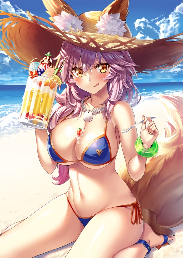 animal ears, animal tail, artist request, beach, bra, breasts, fate (series), fate/grand order, female, female only, fox ears, fox girl, fox tail, large breasts, looking at viewer, pink hair, shiny, shiny skin, source request, summer, swimsuit, tagme, tamamo no mae (fate), tamamo no mae (swimsuit lancer), tongue, tongue out, underwear, yellow eyes
