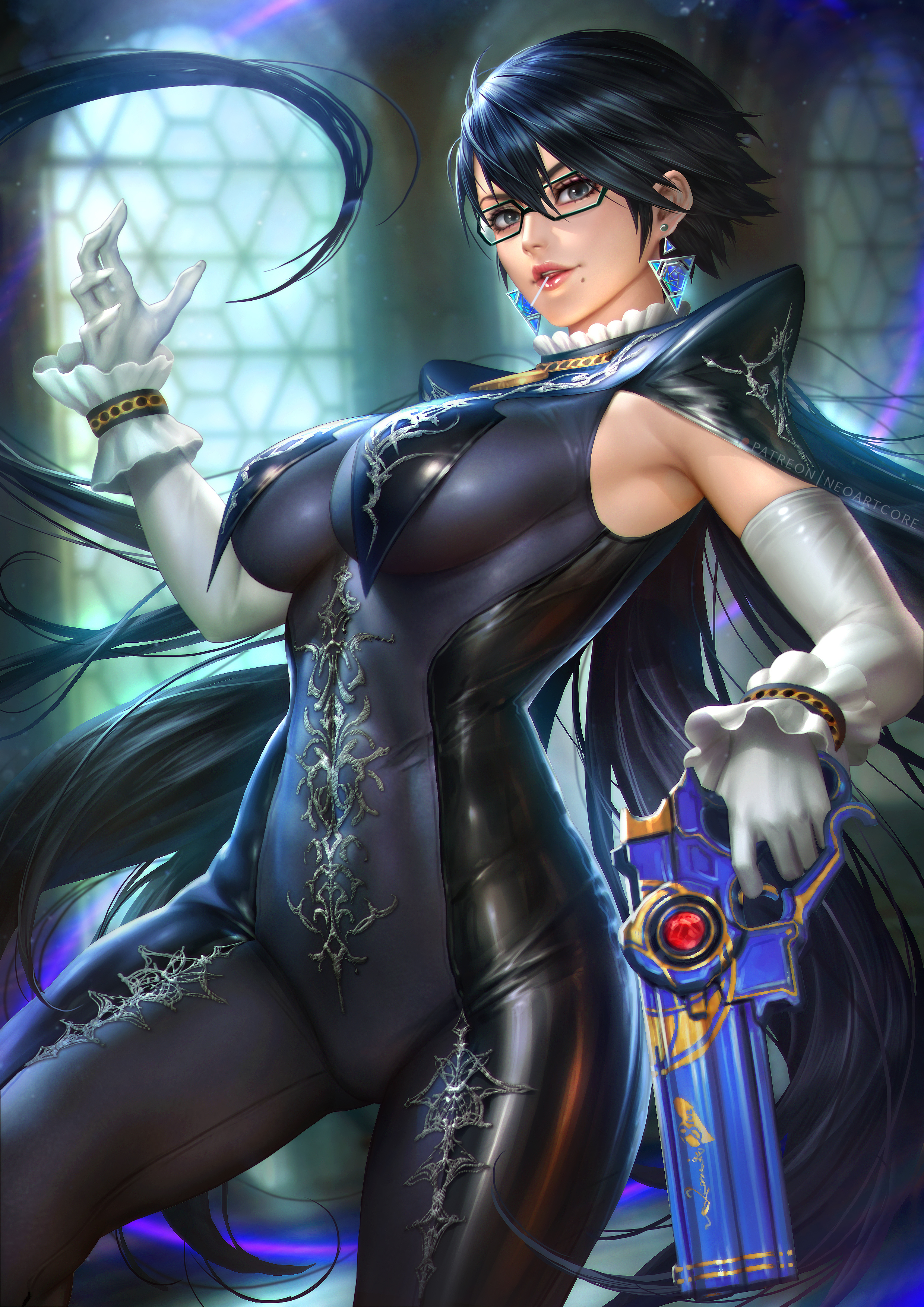 1girls, absurd res, bayonetta, bayonetta (character), bayonetta 2, black hair, bodysuit, breasts, clothed, clothing, earrings, elbow gloves, female, female only, firearm, fully clothed, glasses, gloves, grey eyes, gun, handgun, hi res, hourglass figure, human, human only, jewelry, large breasts, looking at viewer, mole, mole under mouth, neoartcore, nintendo, paid reward, patreon reward, pose, skin tight, solo, standing, thick thighs, thighs, weapon, white gloves