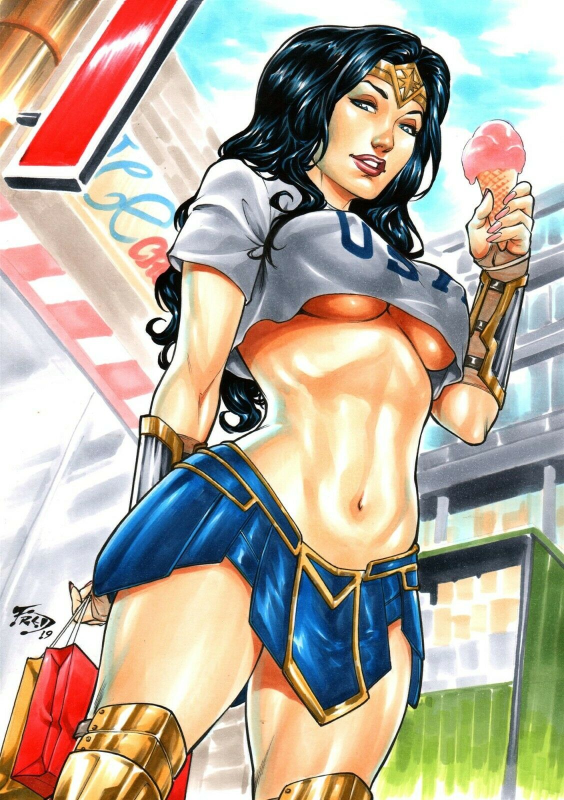 1girls 2019 alternate_costume amazon armor armored_skirt bag belly_button big_breasts bimbo black_hair blue_eyes blue_skirt boots bracers breasts building busty cheerleader cheerleader_uniform cleavage curvaceous curvy dated dc dc_comics diana_prince ed_benes_studio erect_nipples erect_nipples_under_clothes eyeshadow female female_only footwear fred_benes from_below gauntlets goddess greaves grey_shirt handwear holding_bag holding_ice_cream holding_object hourglass_figure human ice_cream ice_cream_cone justice_league large_breasts lipstick long_hair makeup mascara midriff midriff_baring_shirt nail_polish navel nipple_bulge nipples no_bra no_bra_under_clothes pinup red_lips red_lipstick school_uniform schoolgirl shirt shopping_bag signature skirt smile smiling smirk smirking solo standing stomach superheroine themysciran thick_thighs thighs tiara underboob voluptuous wonder_woman wonder_woman_(series) yellow_boots