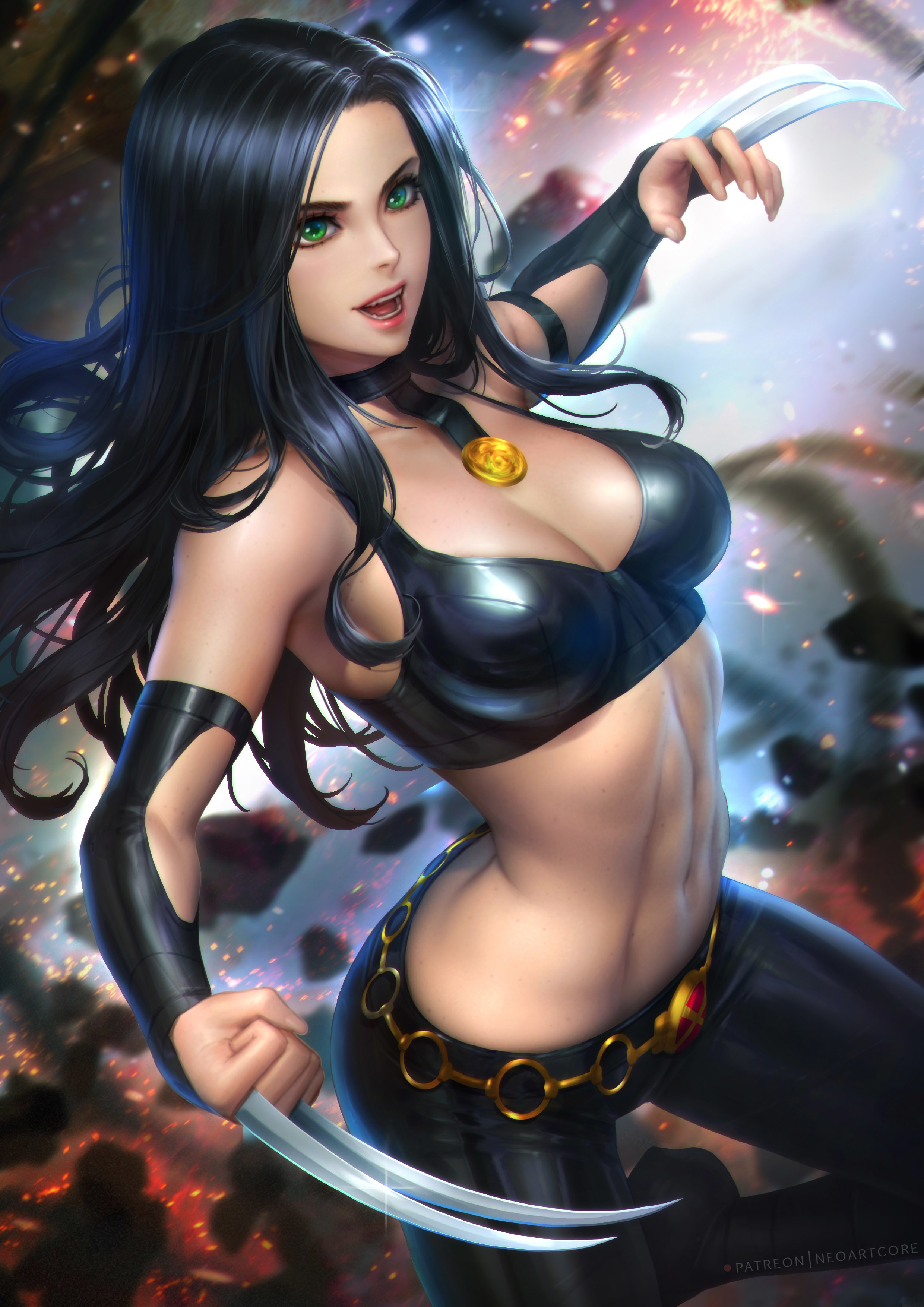 1girls, absurd res, black gloves, black hair, breasts, claws, cleavage, dark hair, elbow gloves, female, female only, fingerless gloves, fully clothed, gloves, green eyes, hi res, large breasts, laura kinney, long hair, marvel, marvel comics, mutant, navel, neoartcore, open mouth, paid reward, patreon reward, solo, superheroine, thick thighs, thighs, x-23, x-men